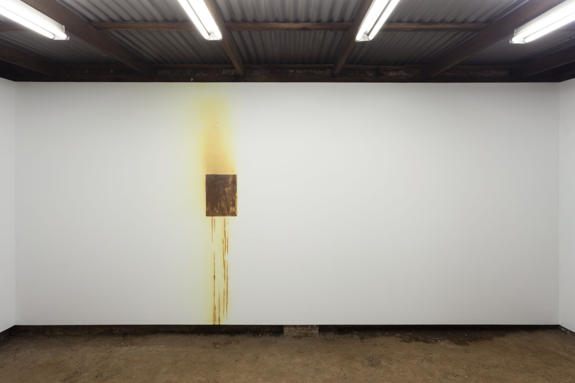 Installation view of Stephen Bram, <em>Unstable painting</em>, 1991/2022, ammonia, iodine and acrylic paint on canvas board, 406 × 305 mm. Courtesy of Guzzler.