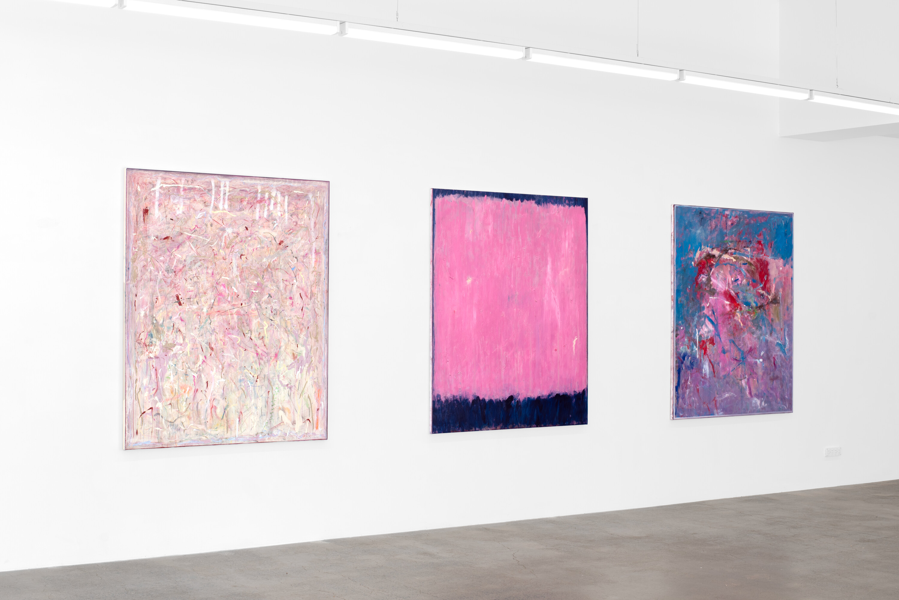 <p>Installation view of Ami Morris, <em>Mirror, </em>Left to right, <em>The Walls Around Us, Somewhere in Between </em>and <em>To Meet Desire</em>,<em> </em>Victoria, 2024, Oil paintings, 167 x 137 cm, NAP Contemporary, Mildura. Photo: Courtesy of NAP Contemporary</p>