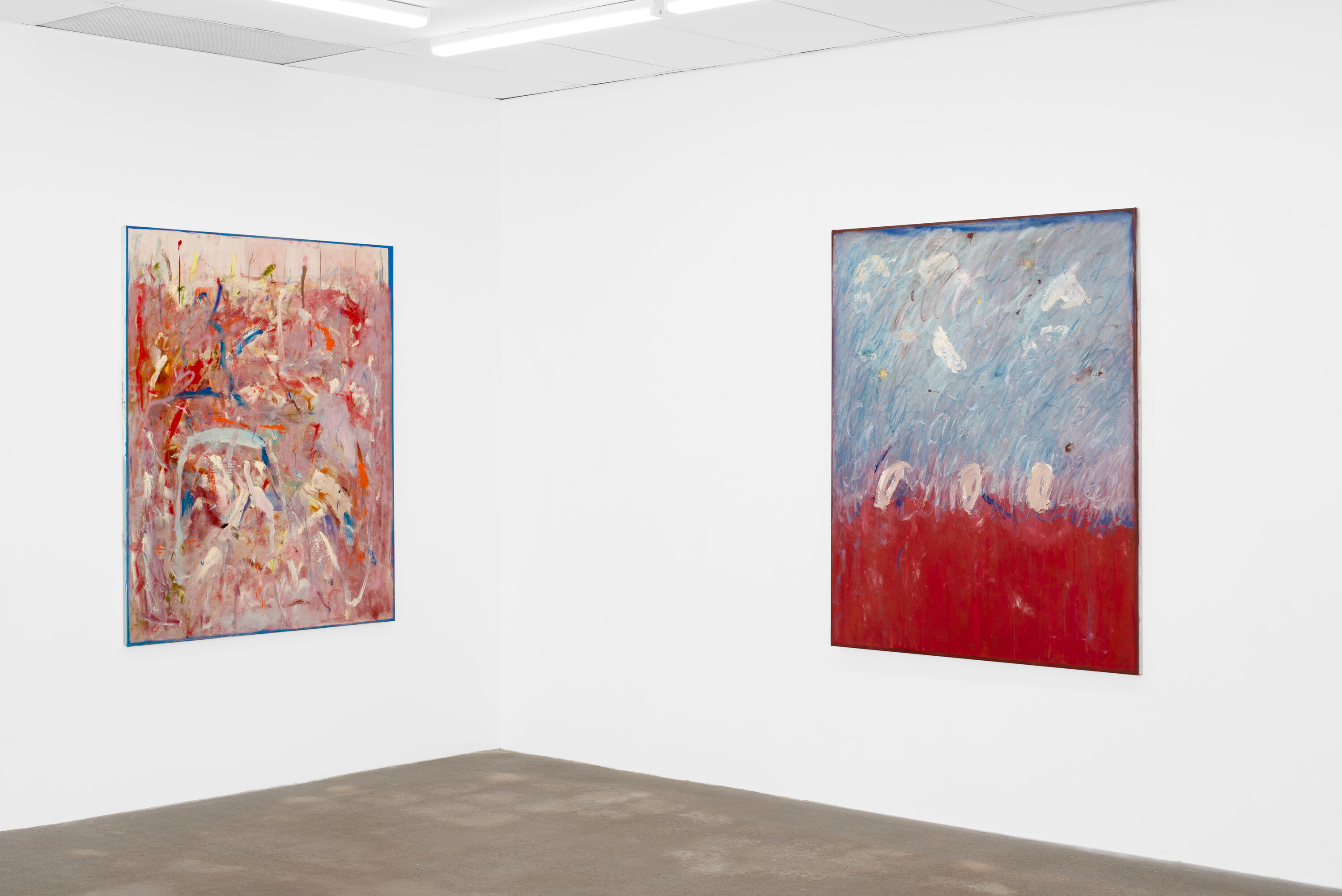 <p>Installation view of Ami Morris, <em>Mirror, </em>Left to right, <em>Tissue Box </em>and <em>Unfold</em>,<em> </em>Victoria, 2024, Oil paintings, 137 x 167 cm, NAP Contemporary, Mildura. Photo: Courtesy of NAP Contemporary</p>