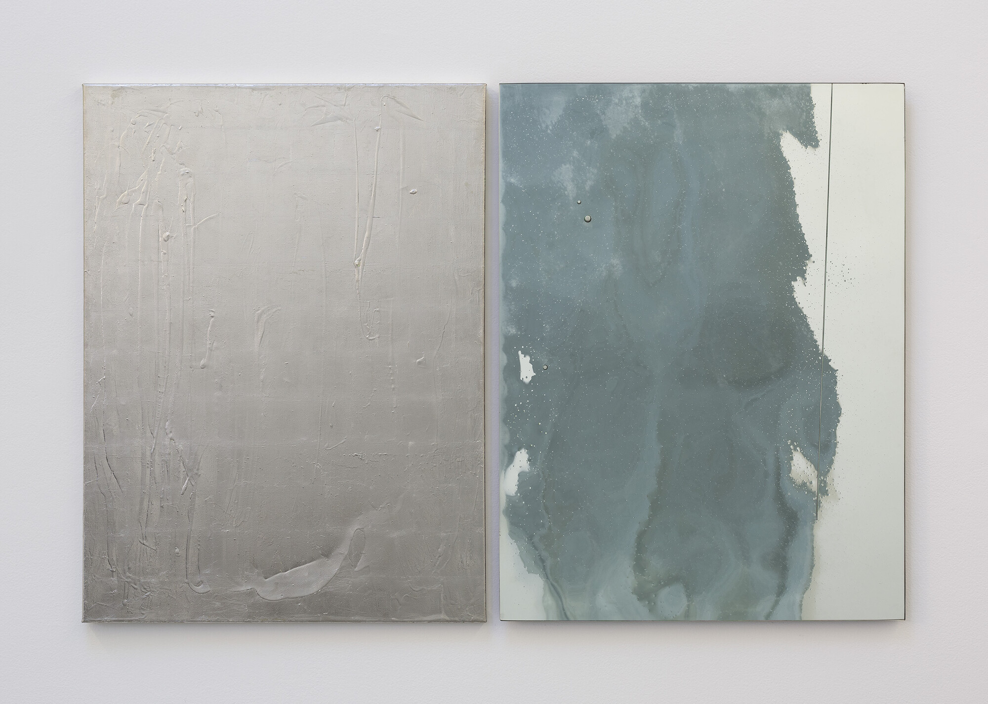 <p>Rosslynd Piggott, <em>Mirror, mirror I, </em>2007-2008, oil and palladium leaf on linen; hand slumped, sandblasted and mirrored glass, two panels, 100 x 75 x 2cm (each). Photograph: Christian Capurro. Image courtesy the artist and Sutton Gallery.</p>