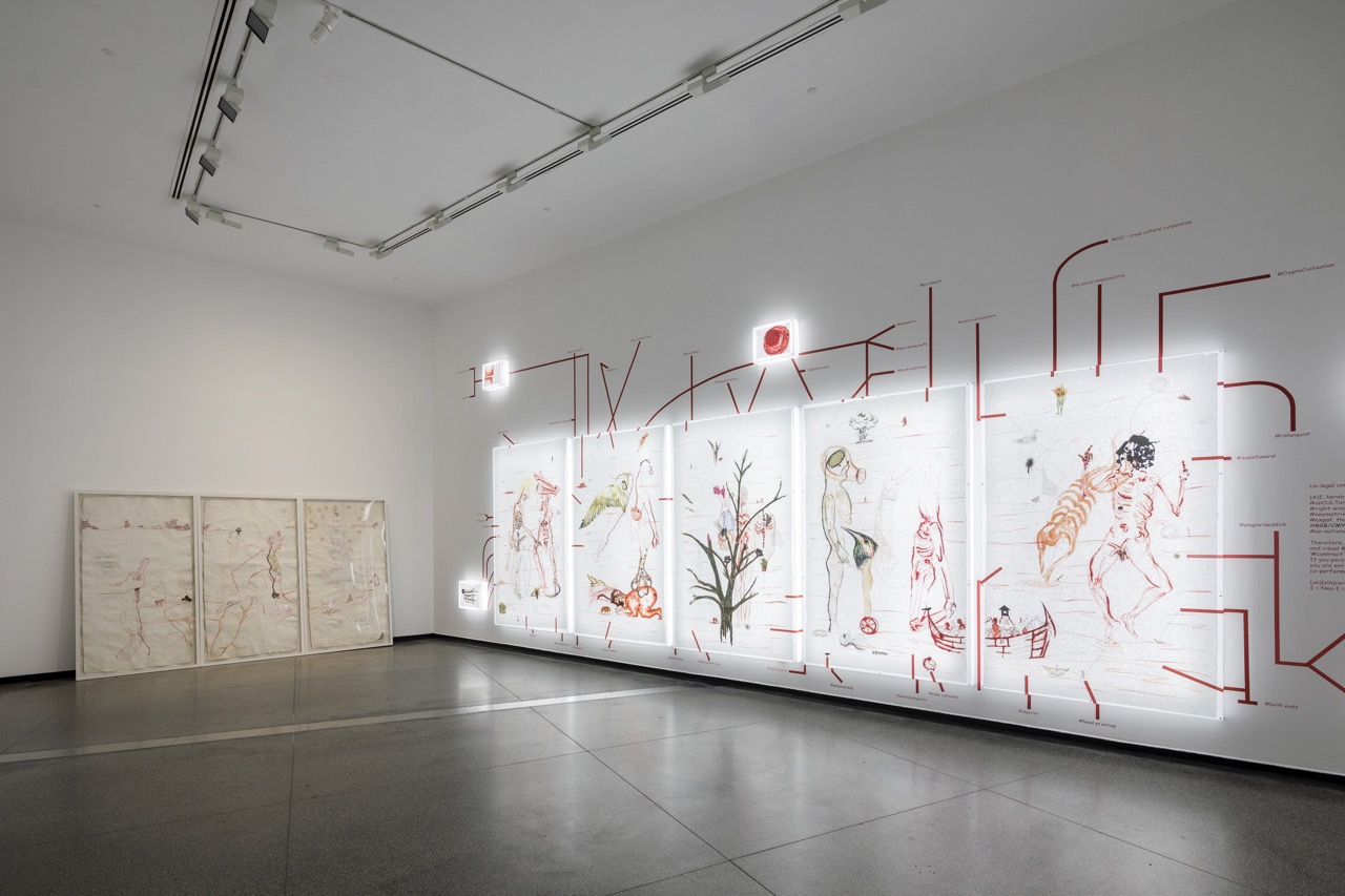 Mithu Sen, <em>mOTHERTONGUE</em>, installation view with <em>Over Dreamt Over Dead</em> (furthest left, 2009) and <em>uMYthU unKIND(s) Alternative</em> (furthest right, 2018) Australian Centre for Contemporary Art, Melbourne, 2023. Photograph: Andrew Curtis