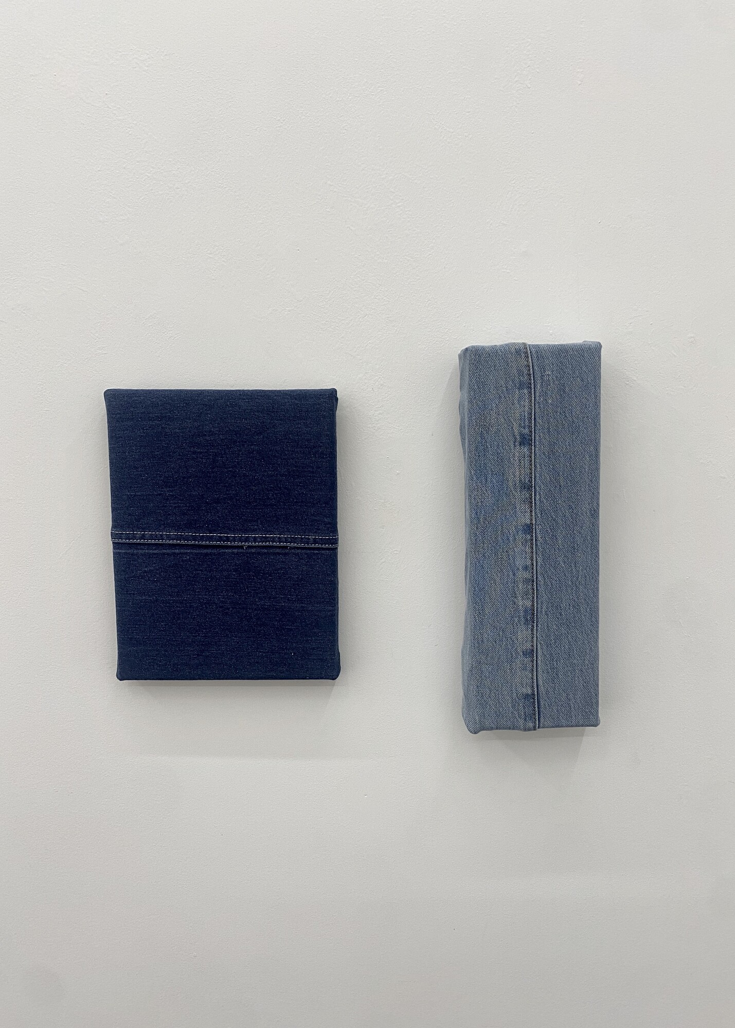 Isabella Darcy, <em>Untitled (stitch)</em>, 2022. Denim jeans over canvas. Conners Conners Gallery; <em>Untitled (stitch)</em>, 2022. Denim jeans over canvas. Conners Conners Gallery