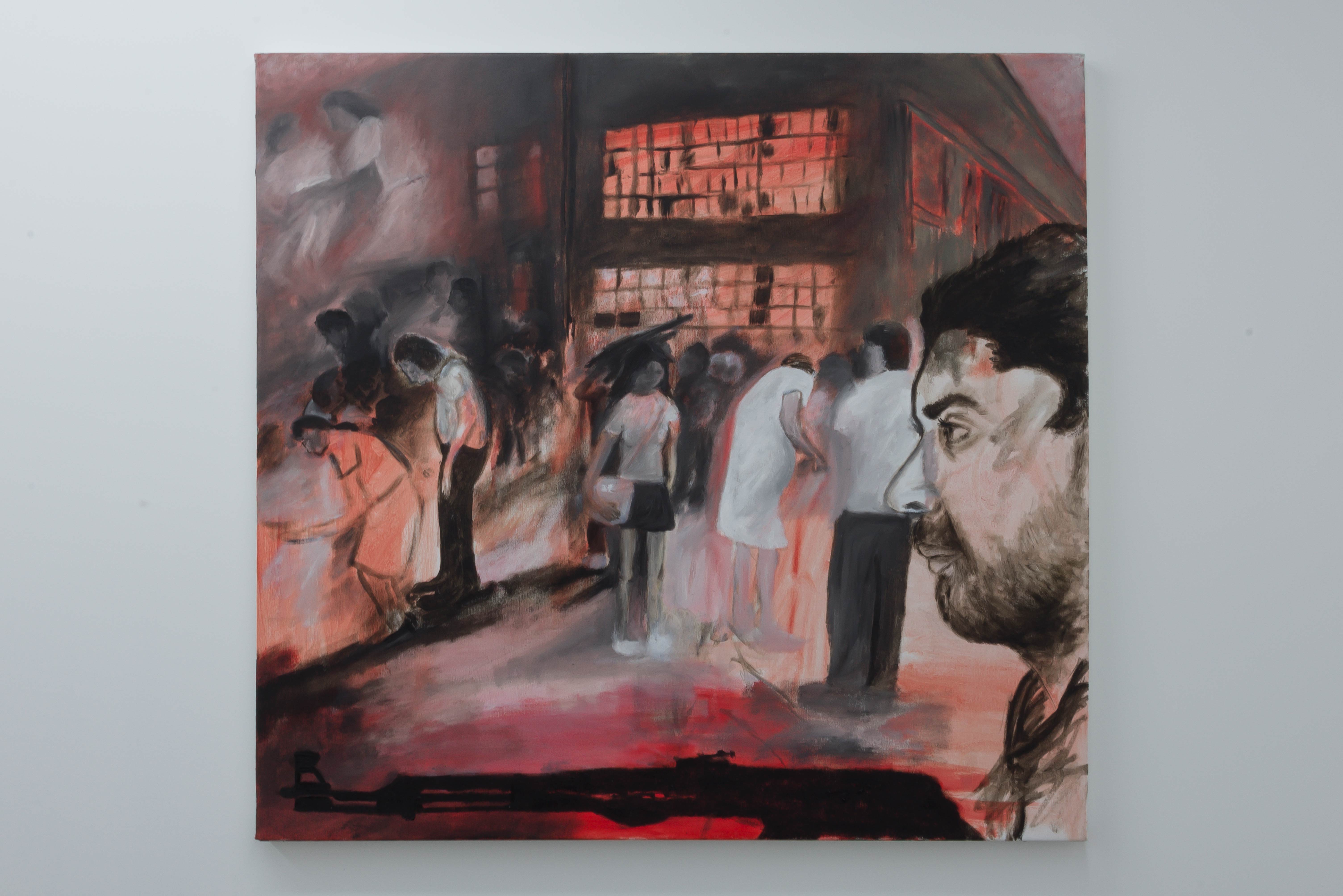 Lei Lei Kung, <em>Exile Dream (General: They ask for kindness, I keep my gun in my baby blue Courreges… we look for escape, one world to the next)</em>, 2022, Oil on canvas, 80 x 82cm. Photo courtesy of Asbestos.