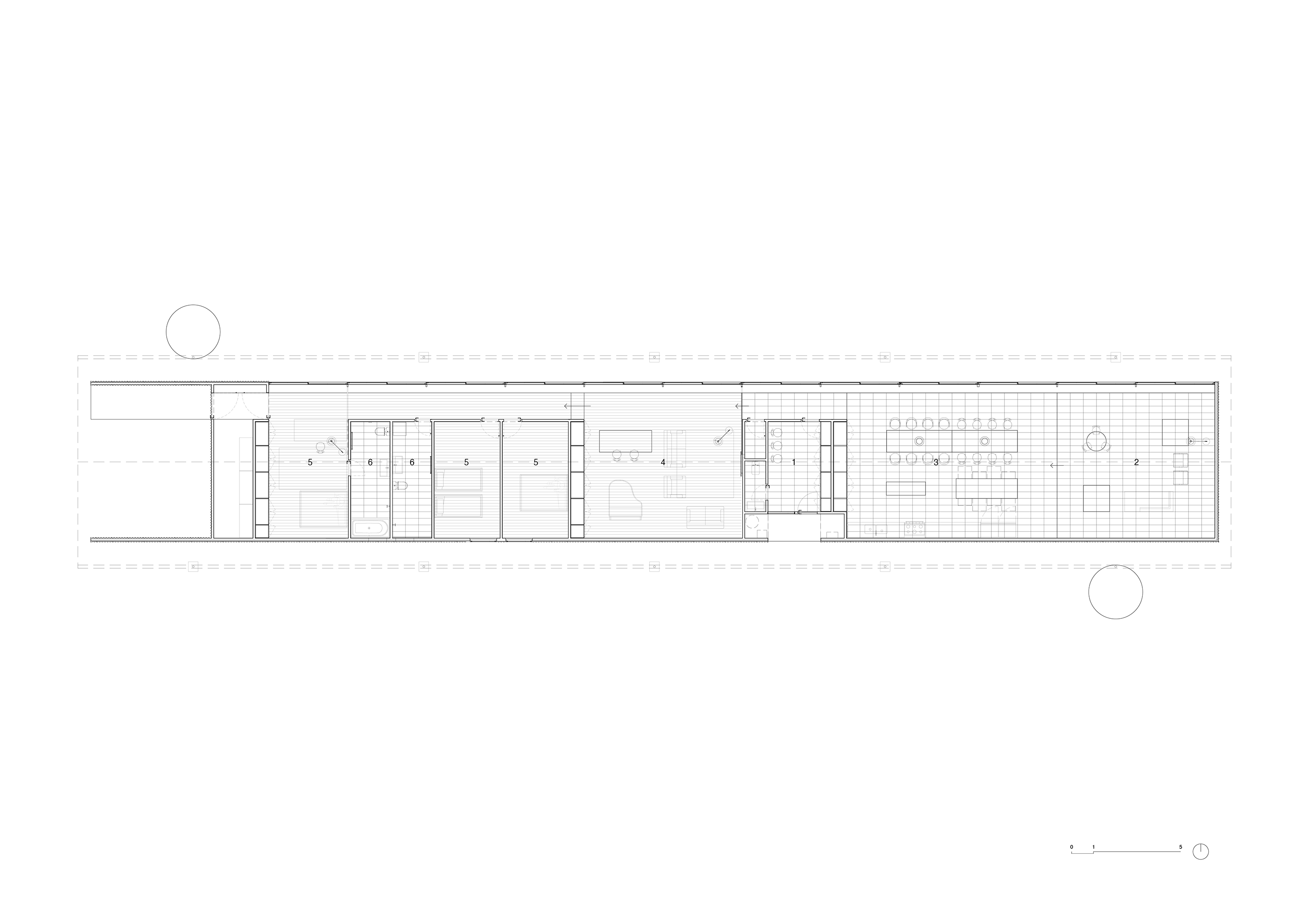 <p>Plan with the entry room (1), living room (2), kitchen/dining room (3), sitting room (4), bedrooms (5), and bathrooms (6) annotated. Courtesy of the architect with annotations added by the author.</p>