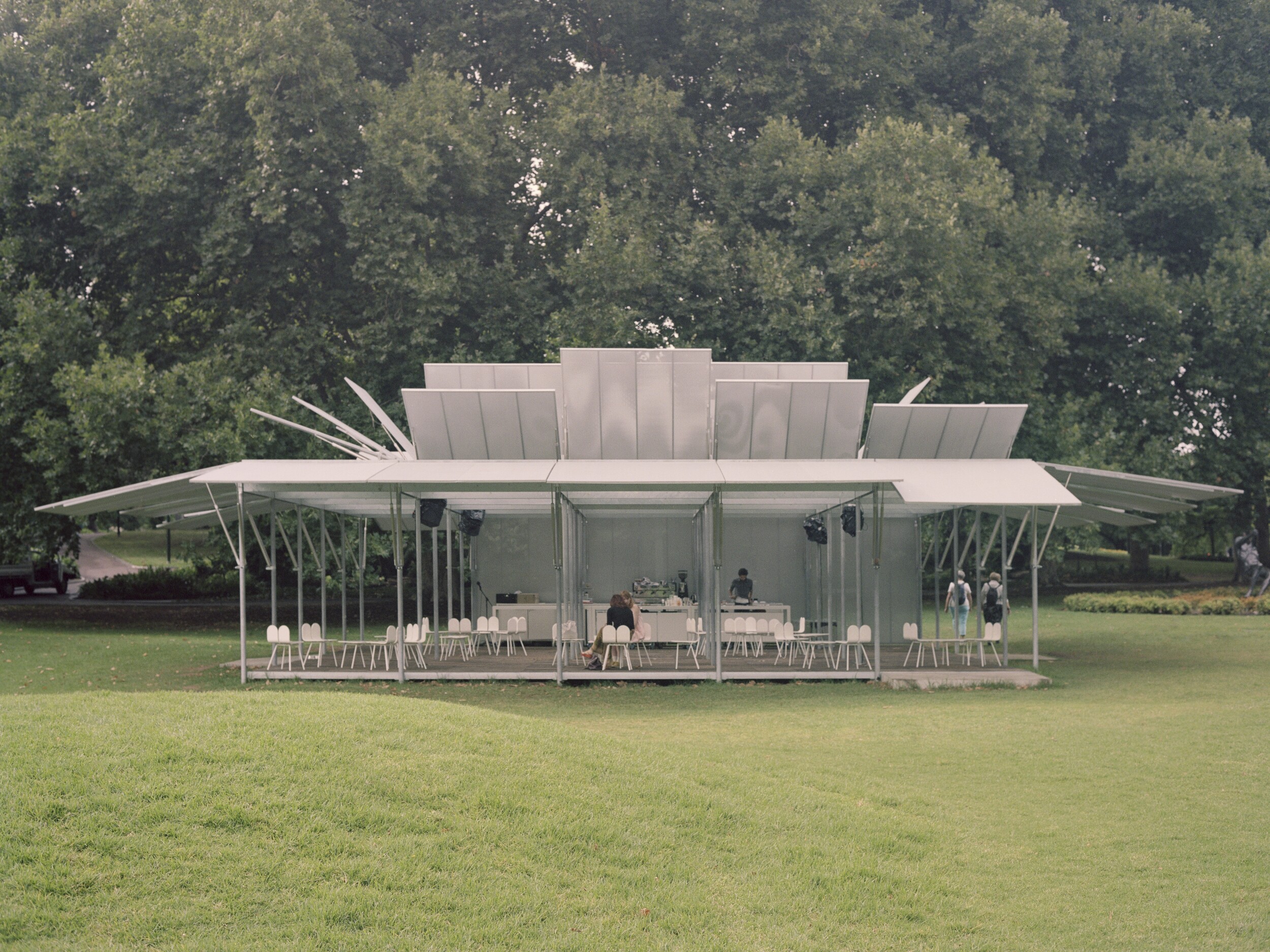 Exterior view of the first MPavilion in 2014 by Sean Godsell Architects. Photo by Rory Gardiner, courtesy of MPavilion.