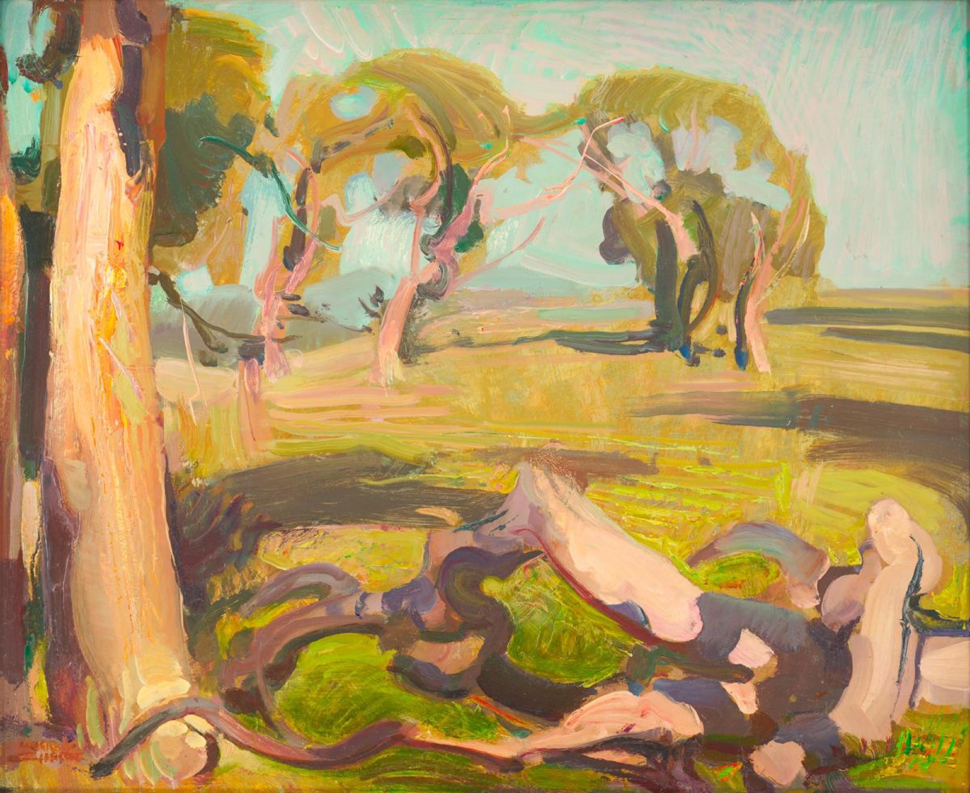 Murray Griffin, <em>Landscape, South Morang, late 1950s</em>, oil on board, 43.5 x 53.5 cm, Bendigo Art Gallery. Courtesy artists estate. Photographer: Leon Schoots