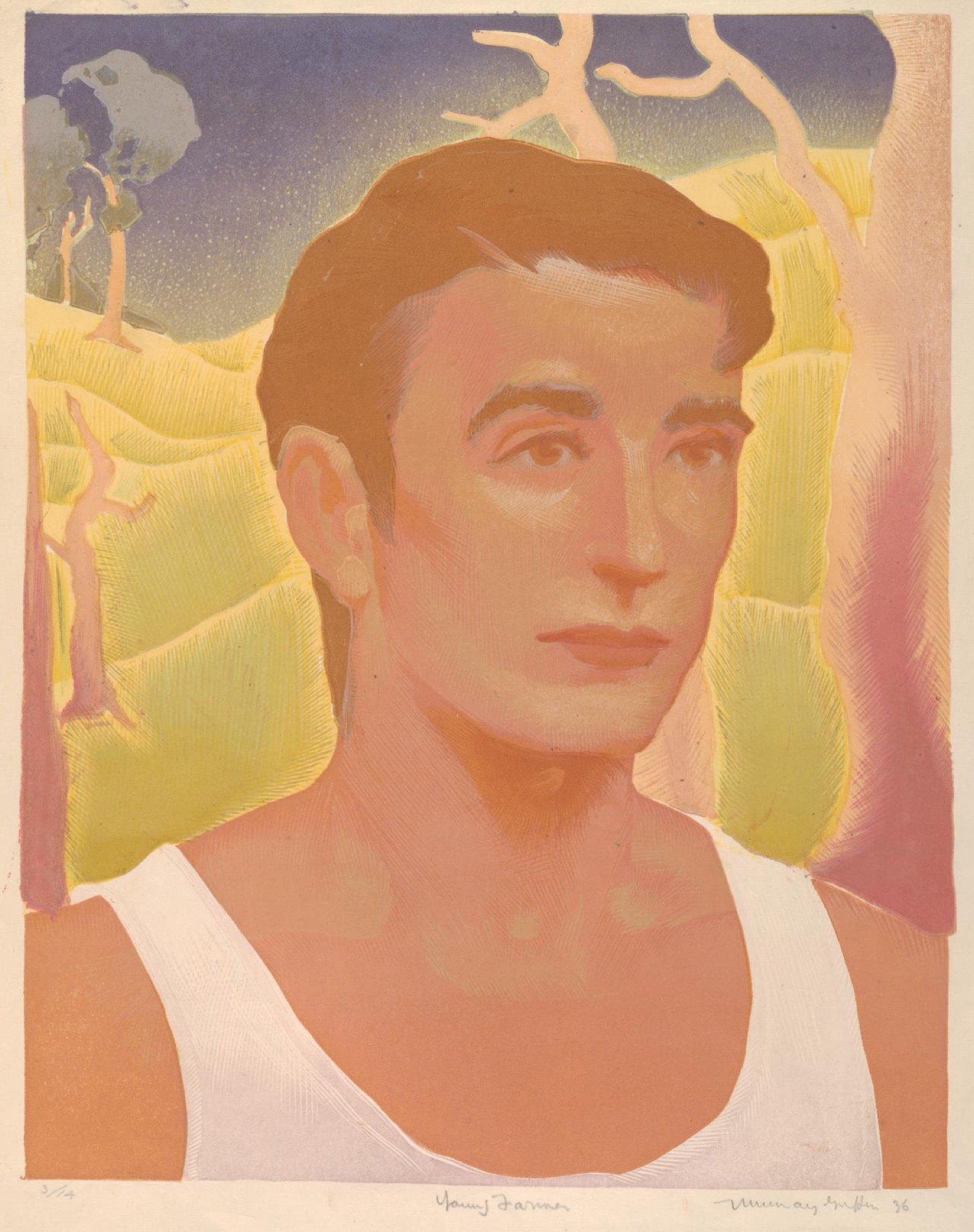 Murray Griffin, <em>Young farmer</em>, 1936, linocut, 35.3 × 28.2 cm (image) 46.7 × 32.3 cm (sheet). Melbourne: National Gallery of Victoria.