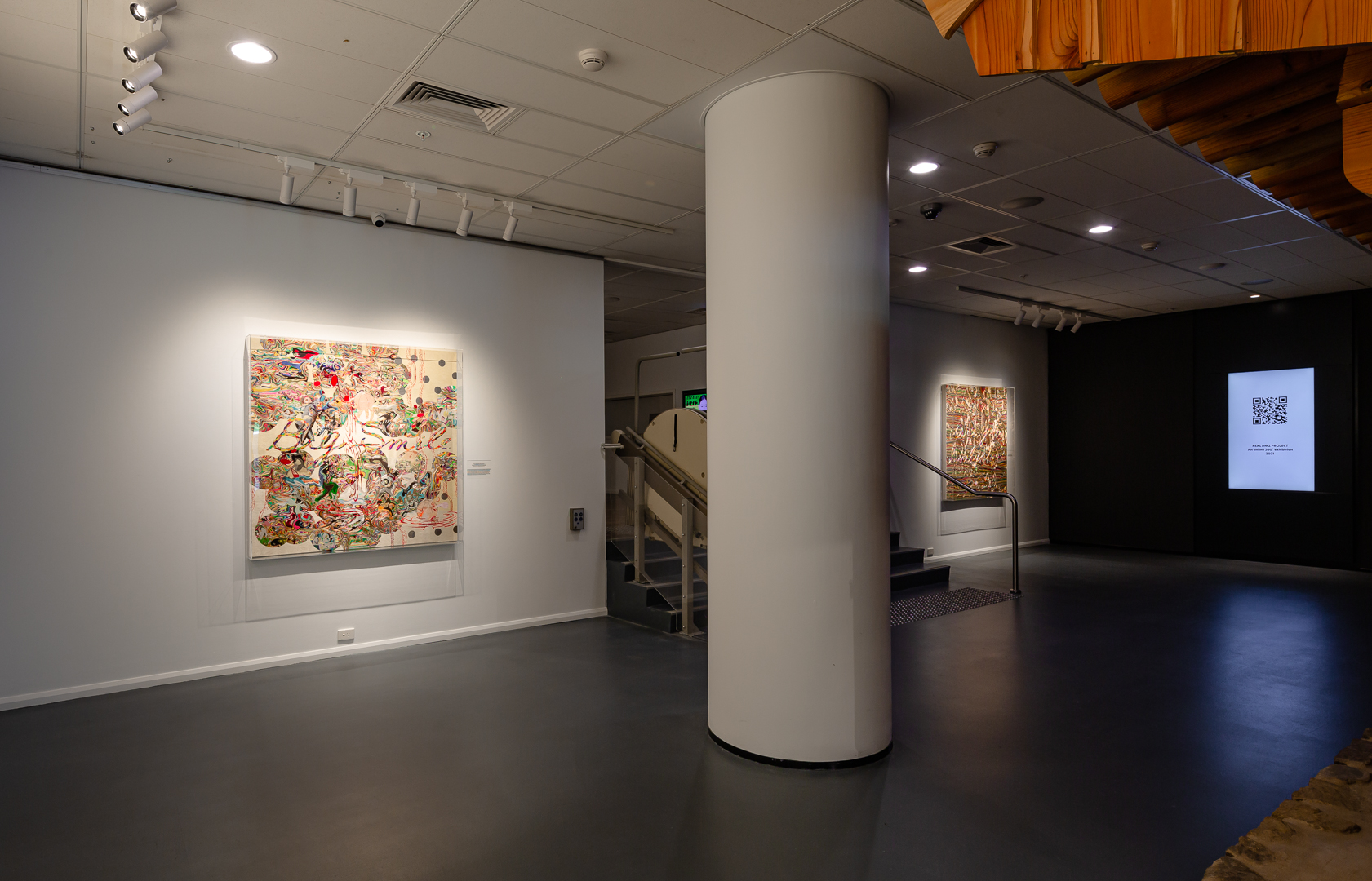 Installation view. Kyungah Ham, Needling Whisper, Needle Country SMS Series in Camouflage Are you lonely too? C01-01-02, 2014–2015. North Korean hand embroidery, silk threads on cotton, middle man, smuggling, secret code, bribe, tension, anxiety, censorship, ideology, wooden frame, approx.1,000 hrs 1 person, 146×146 cm, Courtesy of the artist. Kyungah Ham, Needling Whisper, Needle Country SMS Series in Camouflage Big Smile C 01-01-03, 2014–2015. North Korean hand embroidery, silk threads on cotton, middle man, smuggling, secret code, bribe, tension, anxiety, censorship, ideology, wooden frame, approx. 1,000 hrs 2 persons, 146x147 cm, Courtesy of the artist, Korean Cultural Centre Australia, Sydney 2022.