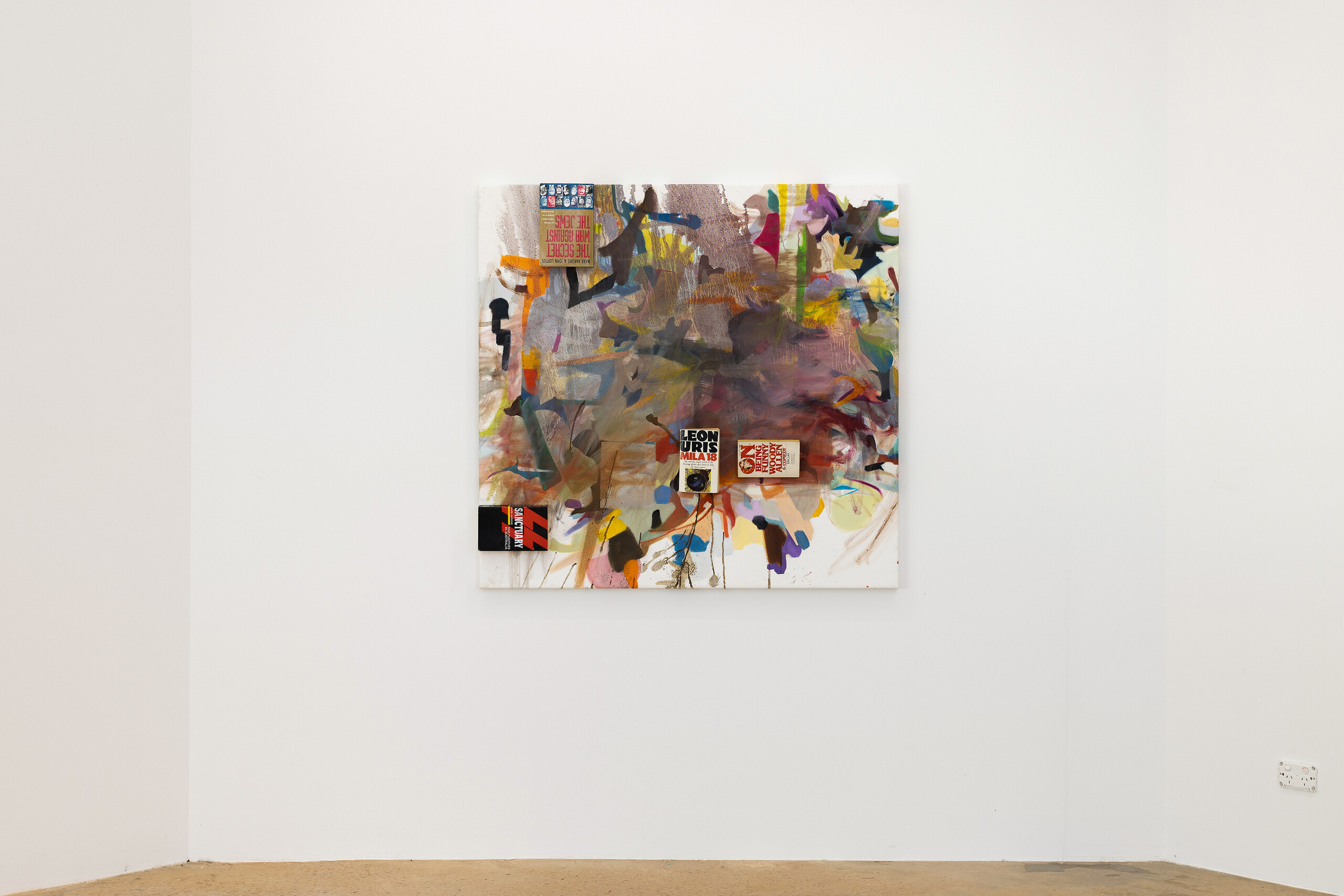 Josh Krum, <em>Wheel</em>, 2022, oil and book on canvas, 115 x 120 cm, NAP Contemporary. Photo: Vision House Photography