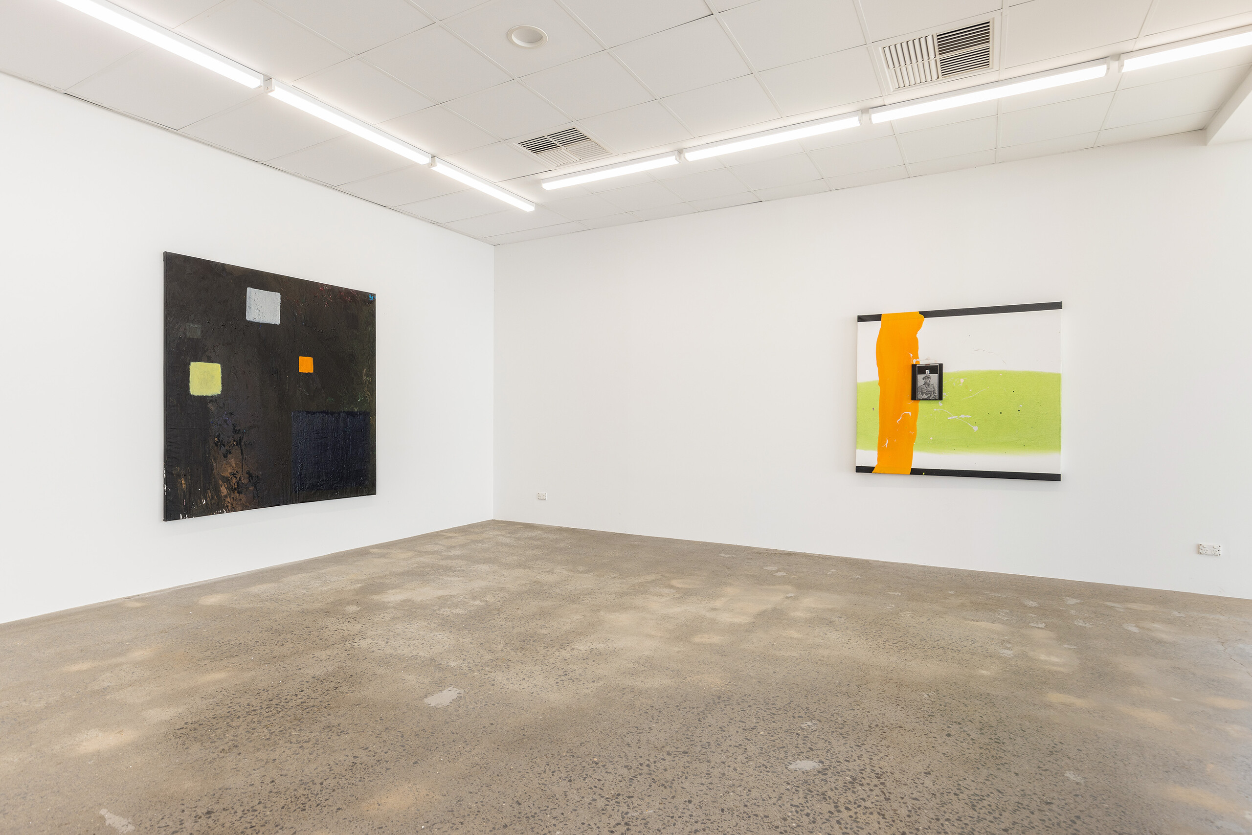 Installation view of Josh Krum, left to right: <em>Factory,</em> 2022, oil and acrylic on canvas, 180 x 170 cm and <em>Dawn,</em> 2022, oil, enamel and book on canvas, 129 x 139.5 cm, NAP Contemporary. Photo: Vision House Photography