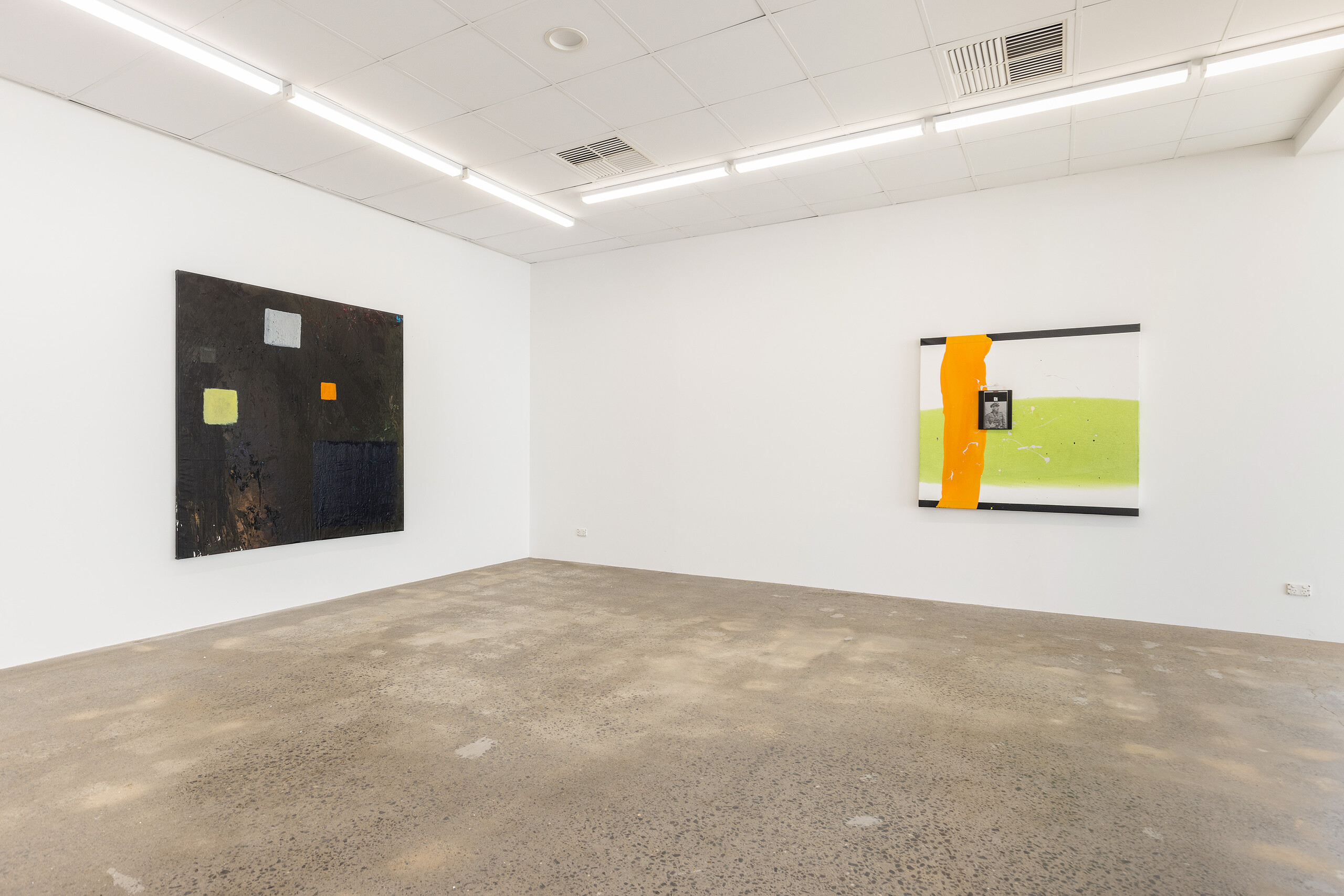 Installation view of Josh Krum, left to right: <em>Factory,</em> 2022, oil and acrylic on canvas, 180 x 170 cm and <em>Dawn,</em> 2022, oil, enamel and book on canvas, 129 x 139.5 cm, NAP Contemporary. Photo: Vision House Photography
