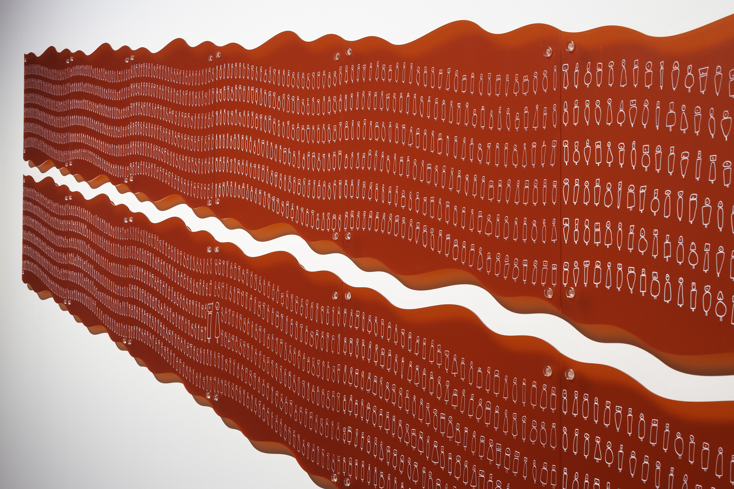 <p>Raymond Zada, Barkandji people, <em>Bloodline</em>, 2023 (detail), Adelaide, Kaurna Country. 12 etched acrylic panels, enamel paint, irregular, overall height 208.9 cm, width 317.4 cm. Installation view of Bunjil Place Gallery, 2024. Courtesy of the artist. Photo: Christian Capurro</p>