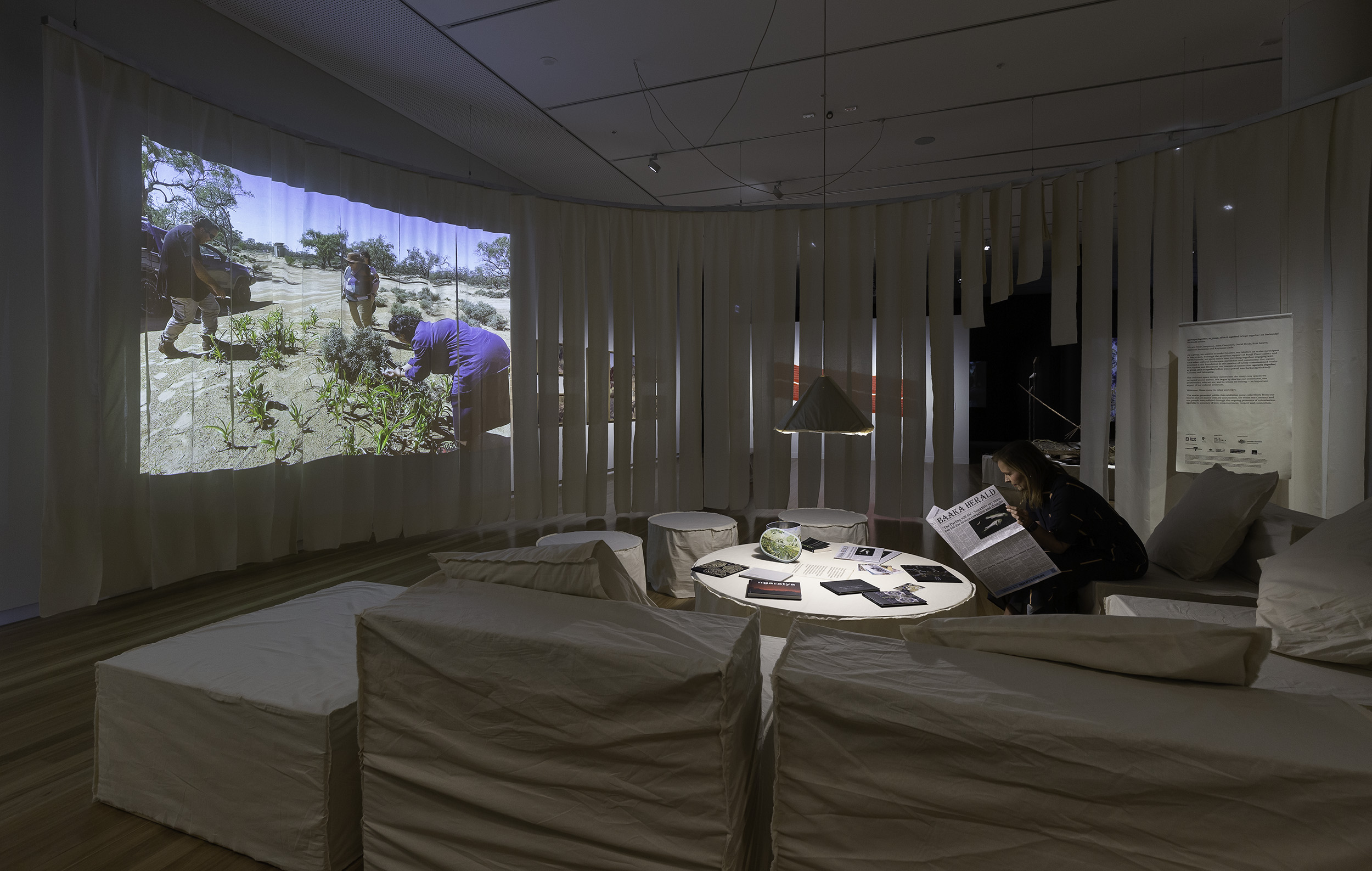 <p>Installation view of Welcome Space—<em>ngarayta (together, us group, all in it together)</em>, Bunjil Place Gallery, 2024. Photo: Christian Capurro</p>