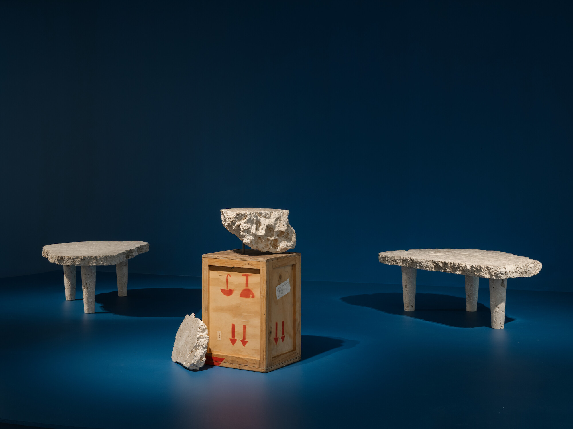 <p>Nicholas Mangan, <em>Proposition for Dowiyogo’s Ancient Coral Coffee Table</em>, 2009, installation view, <em>Nicholas Mangan: A World Undone, </em>Museum of Contemporary Art Australia, 2024, coral limestone from the island of Nauru, wooden travel crate, image courtesy the artist, Museum of Contemporary Art Australia and Sutton Gallery, Australia © the artist, photograph: Hamish McIntosh.</p>