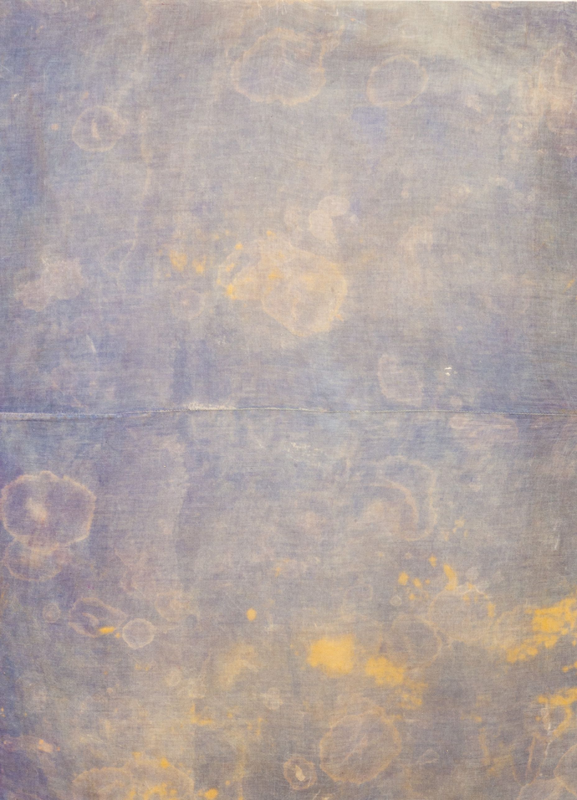 Nicole Thomson, <em>Florida Water</em>, 2022, cyanotype, stains on linen pillowcase, 96 x 70 cm. Photo: Alexandra Hobba