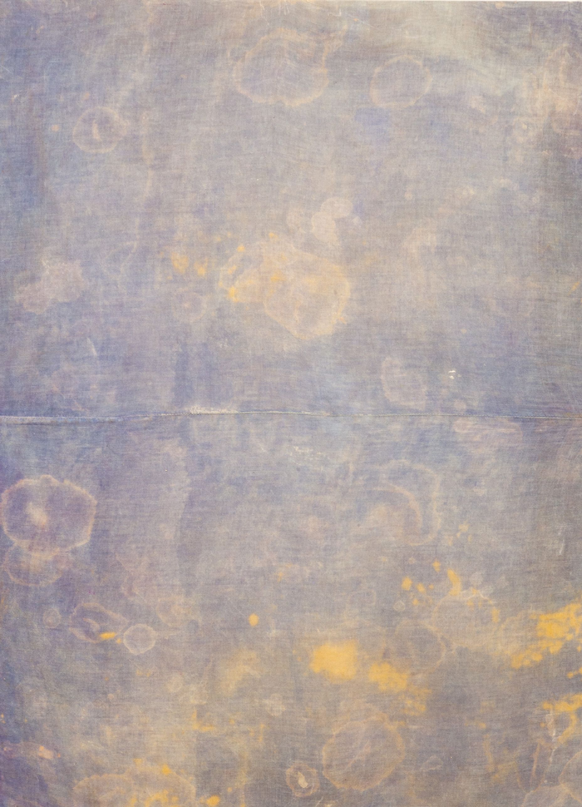 Nicole Thomson, <em>Florida Water</em>, 2022, cyanotype, stains on linen pillowcase, 96 x 70 cm. Photo: Alexandra Hobba