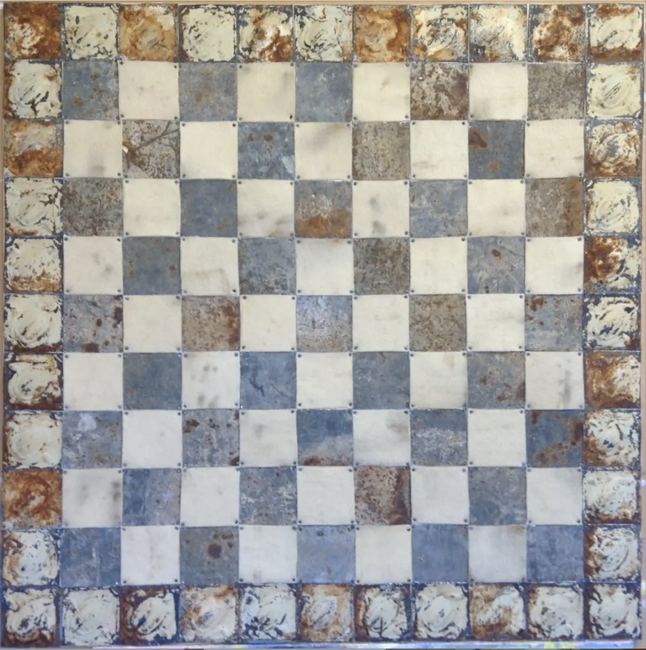 Glenda Helen McKay, <em>Quilt #4</em>, assemblage of sheet metal on plywood. Image courtesy of the artist.