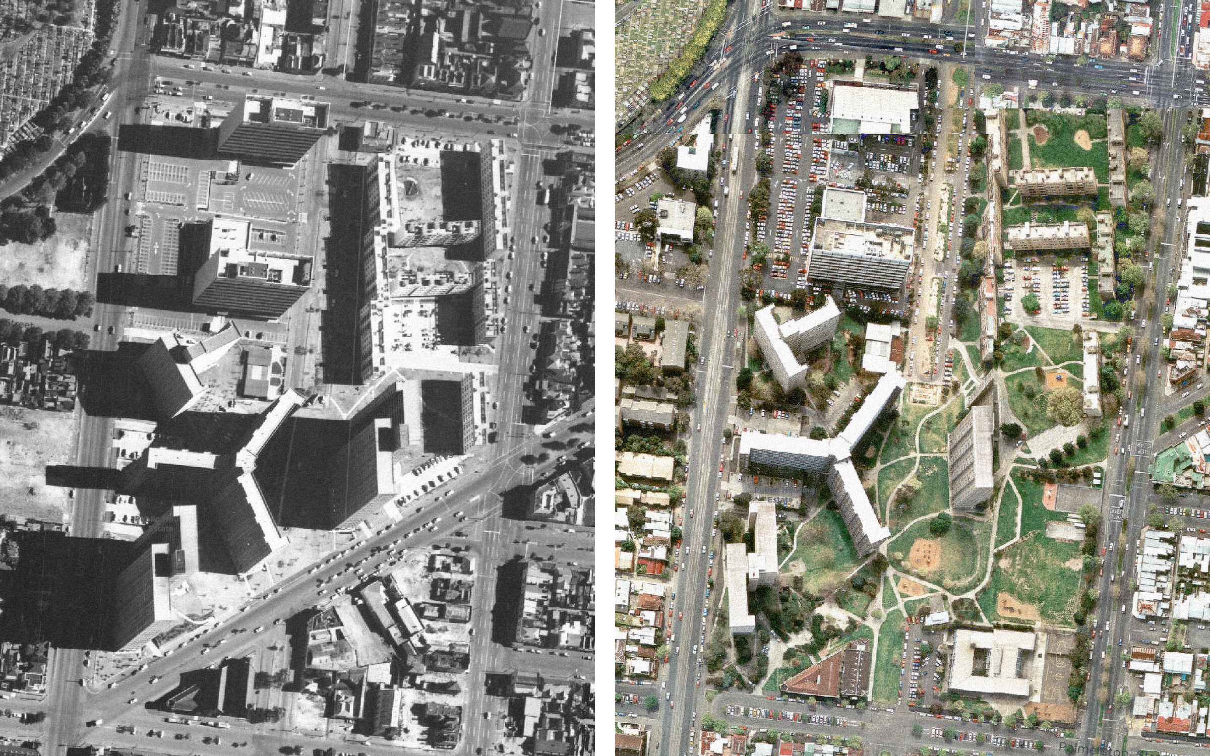 <p>Left: The newly built estate, 1967. Right: The estate, 1994. Note the walk-up flats in the top right have since been demolished and replaced with social-mix housing. </p>