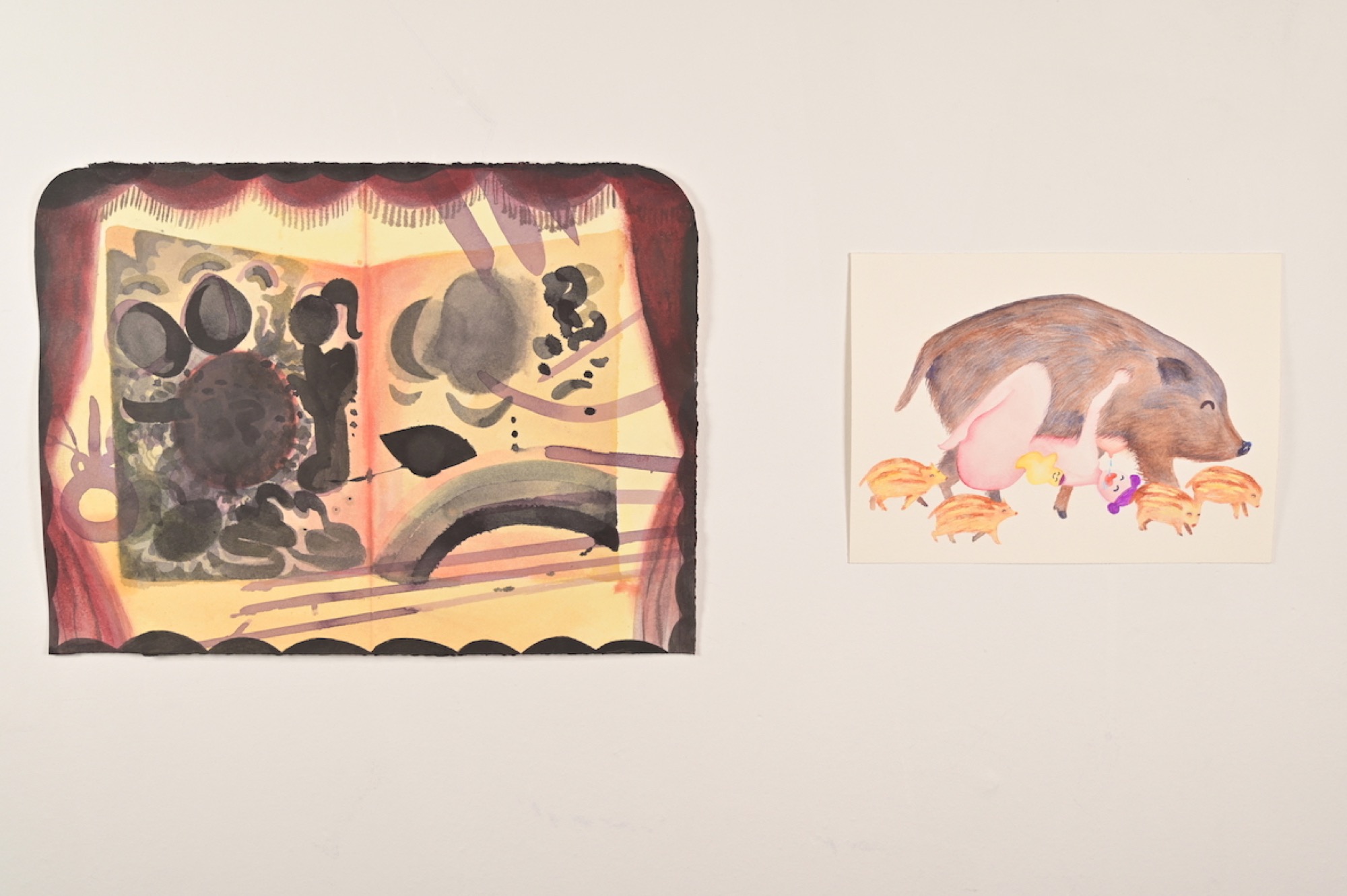 (L-R) Inbal Nissim, LABrINTO, 2019, ink on paper, 25 x 28cm; Noriko Nakamura, Milky way, 2020, watercolour on paper, 18 x 25cm. Courtesy the artists and Caves.
