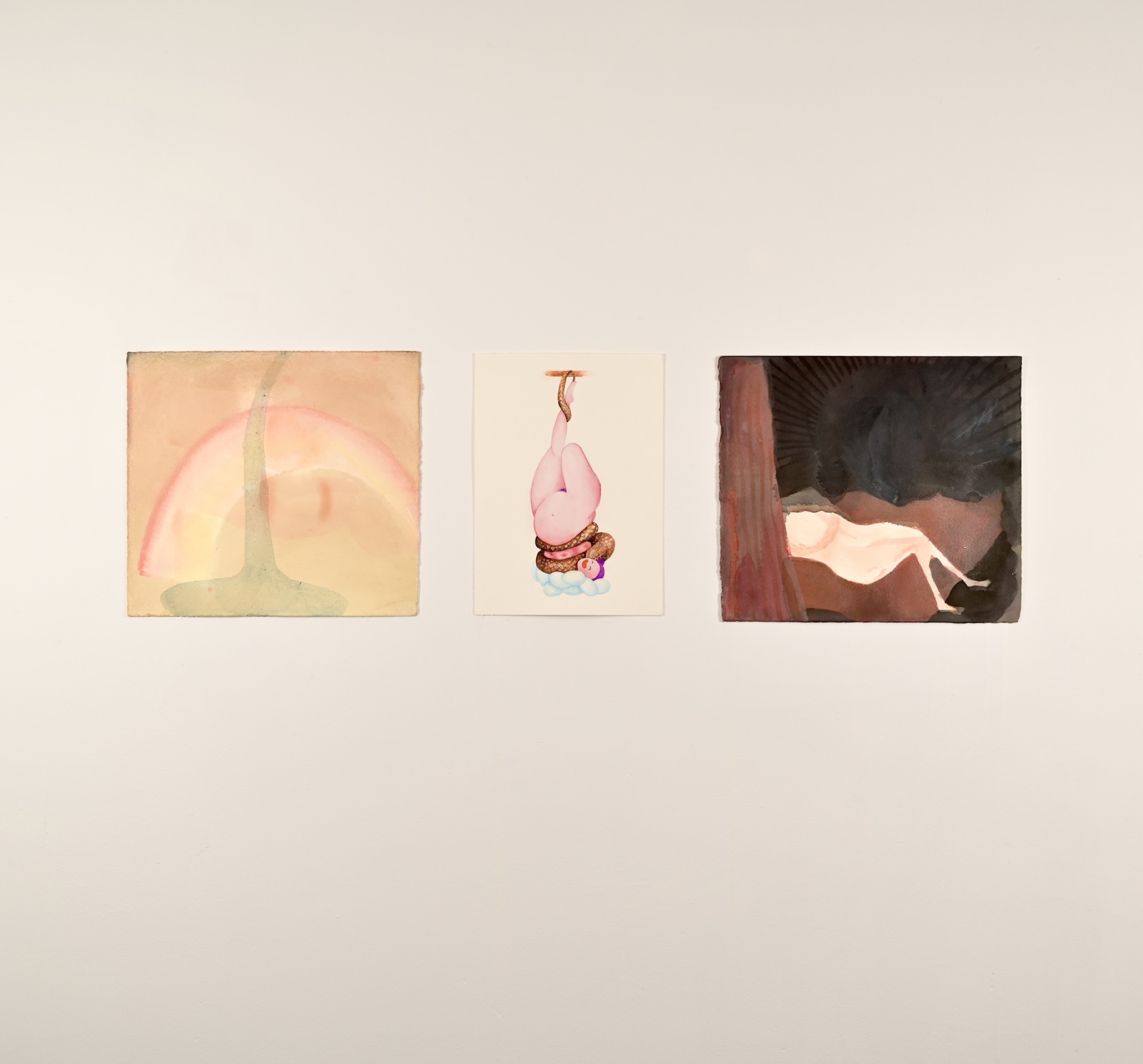 (L-R) Inbal Nissim, LABrINTO, 2019, ink on paper, 25 x 28cm; Noriko Nakamura, Snake Lover, 2020, watercolour on paper, 25 X 18cm; Inbal Nissim, LABrINTO, 2019, ink on paper, 25 x 28cm. Courtesy the artists and Caves.
