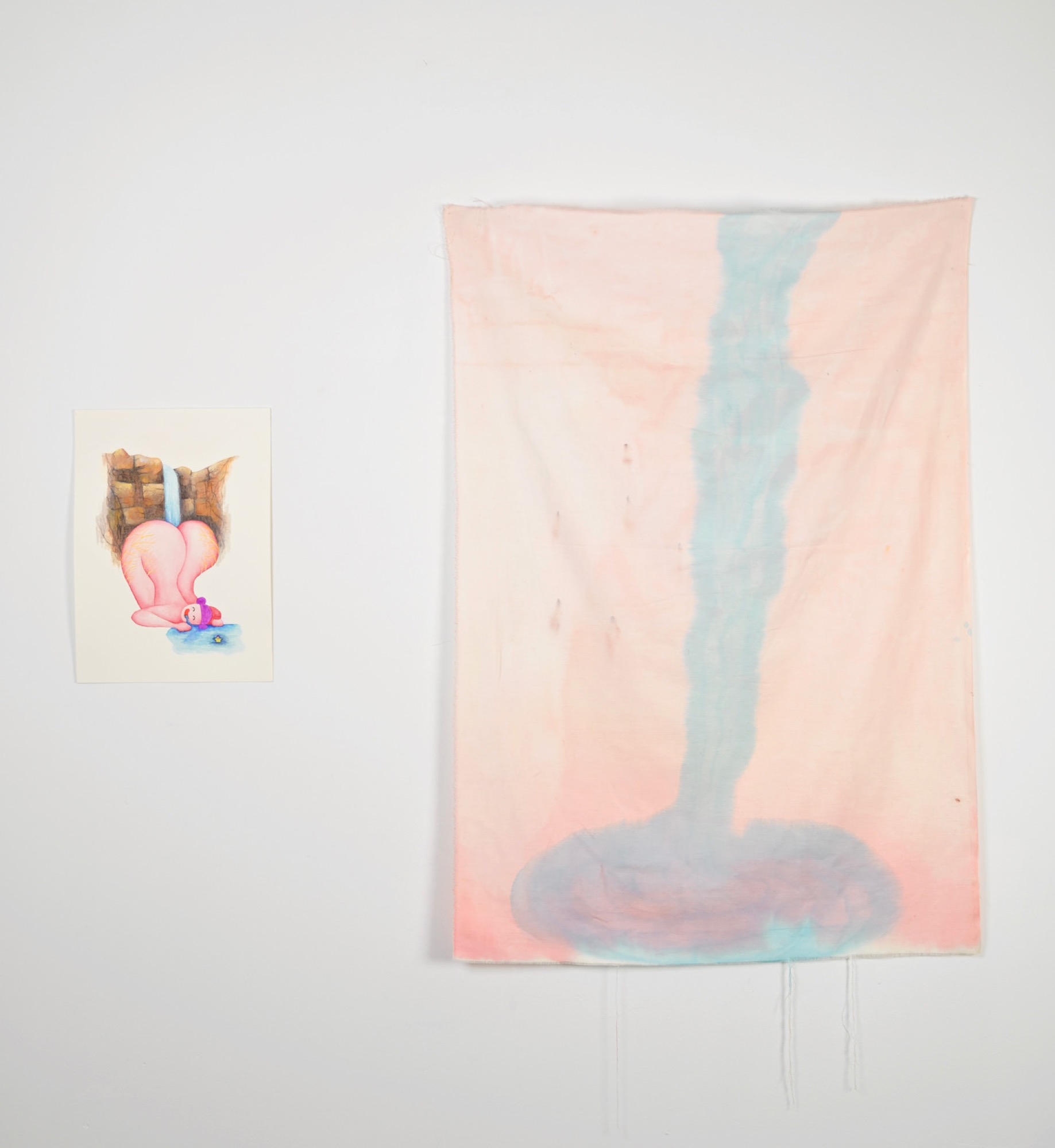 (L-R) 11. Noriko Nakamura, Don’t go chasing waterfalls, 2020, watercolour on paper, 25 X 18cm; Inbal Nissim, LABrINTO, 2020, ink on cotton, 67 x 48cm. Courtesy the artists and Caves.