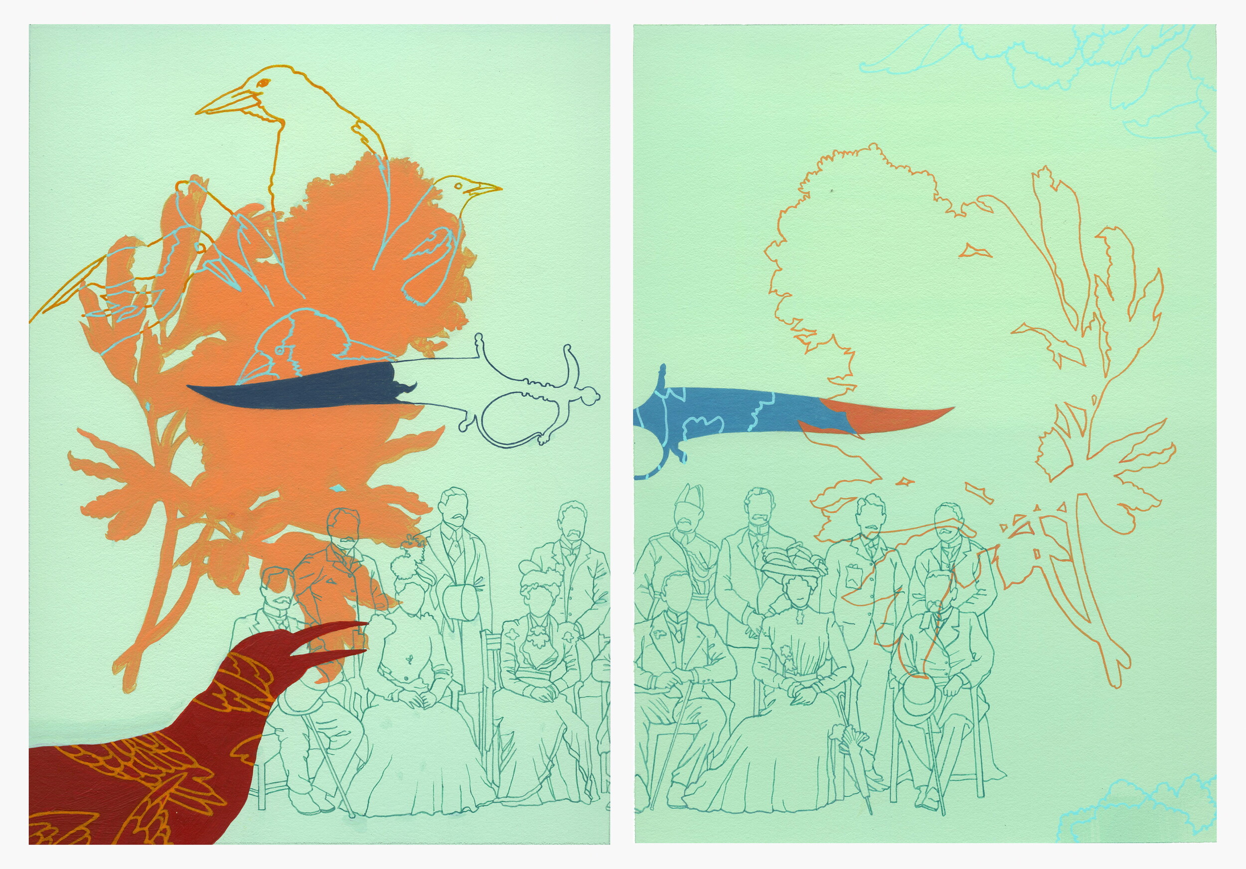 <p>Nusra Latif Qureshi, <em><em>Portrait settings</em></em>, 2020, diptych: gouache and synthetic polymer paint on illustration board, 28 × 42 cm overall. Collection of the artist © Nusra Latif Qureshi</p>