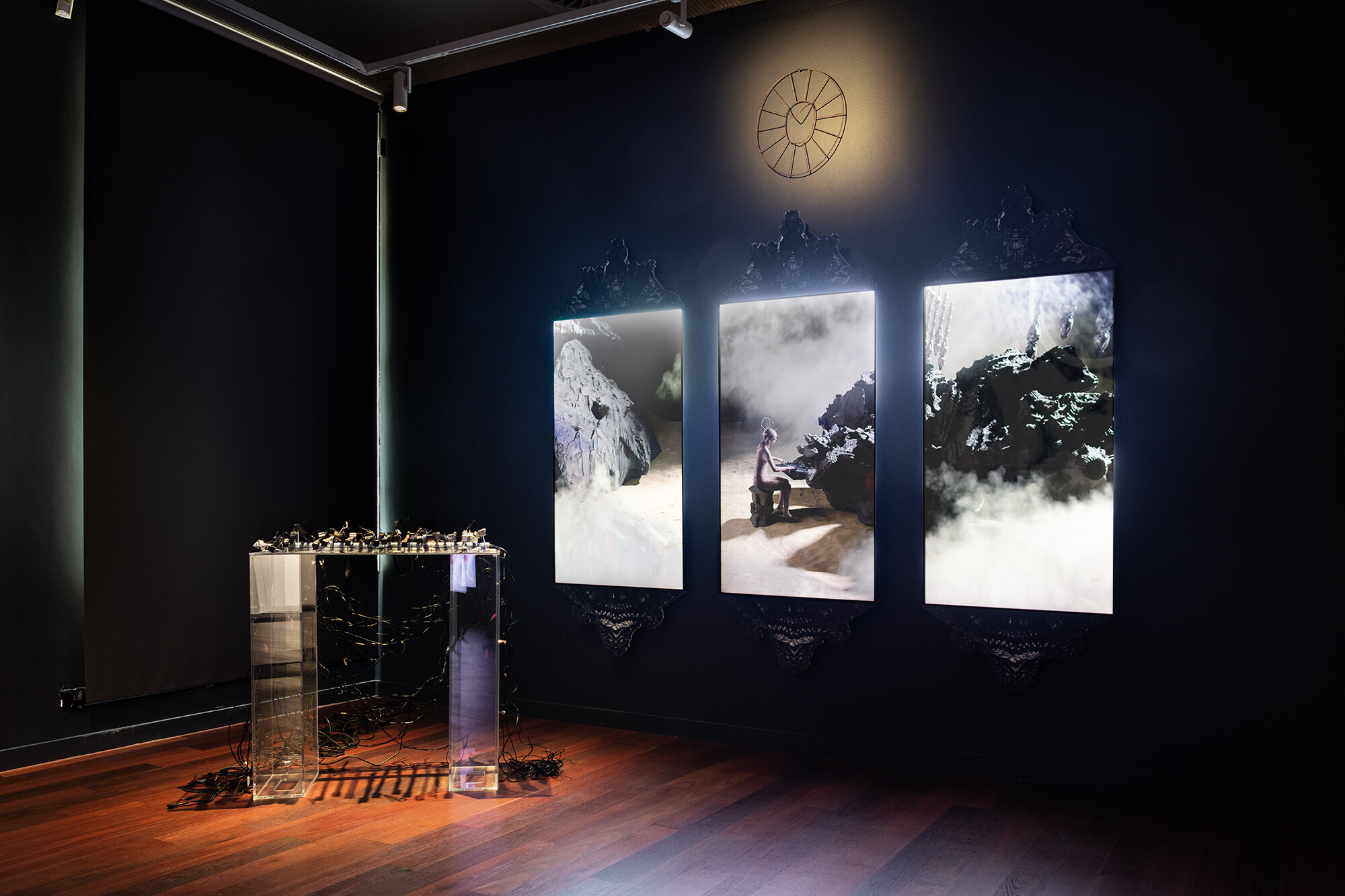 <p>Corin Ileto and Tristan Jalleh, <em>Lux Aeterna</em>, 2023/24, Mixed media installation with three-channel video, 2m 52s, courtesy the artists; photo: Kai Wasikowski for 4A Centre for Contemporary Asian Art, 2024.</p>