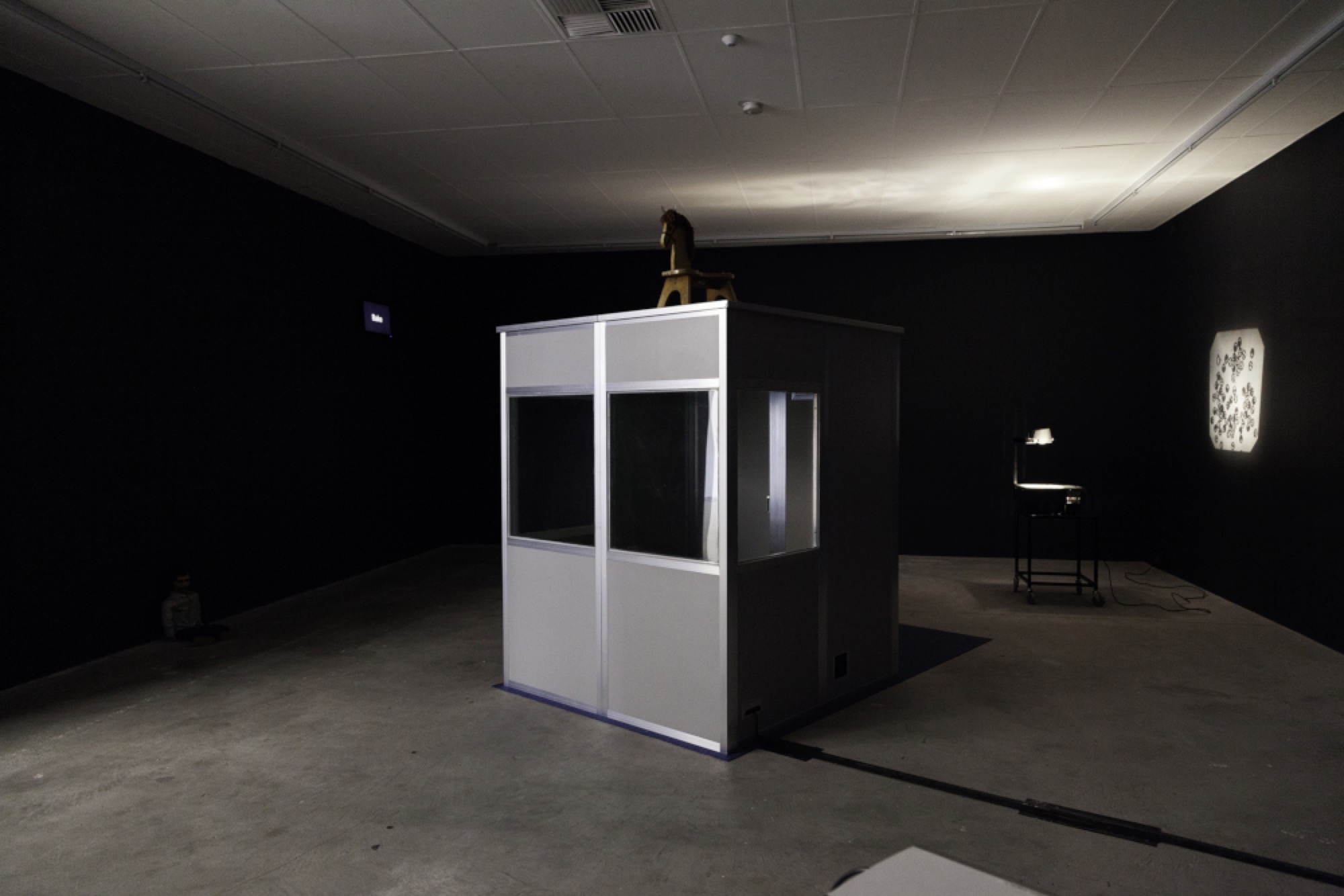 Eric Demetriou, <em>That Syncing Feeling</em>, 2019. Interpretation booth, horse (scratched), audio. Photographer Jacqui Shelton.