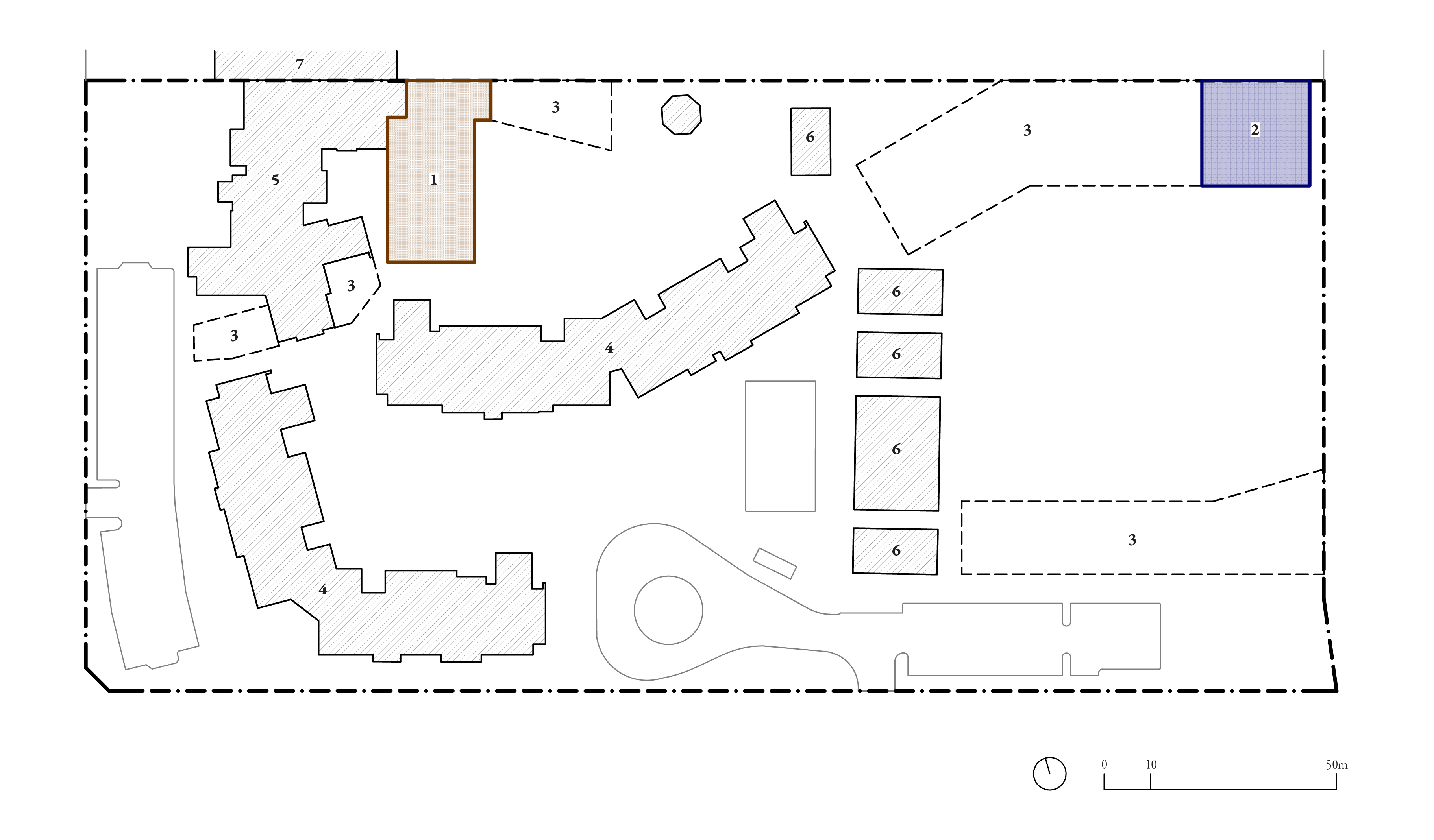 <p>Masterplan by Kart Projects. (1) Covered Outdoor Learning Area, (2) Life Skills Hub, (3) Proposed Future Stages, (4) Learning Neighbourhood Building, (5) Community Hub and Admin Offices, (6) Relocatables, (7) Officer Secondary College. Redrawn by the author.</p>