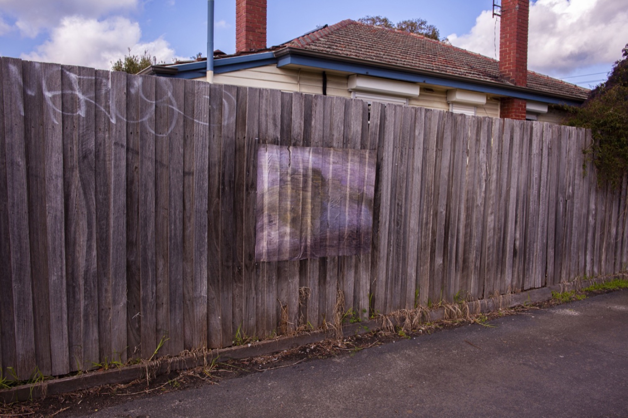Clare Longley, <em>Main drag, swinging feat drag. Thumping through the arterial, a twisty fizzy knot. A fuzzy wuzzy wizzy, concrete walky talky, </em> 2021, On the path. Courtesy of ReadingRoom. Photo: Naveed Farro
