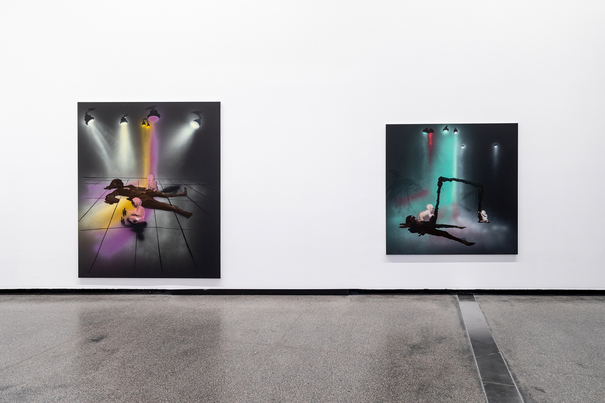 Tala Madani, <em>Shit mother (leisure)</em> 2019; <em>Shit mother (goalpost)</em> 2019, installation view, Australian Centre for Contemporary Art, Melbourne 2019. Courtesy the artist and Pilar Corrias Gallery, London. Photograph: Andrew Curtis.