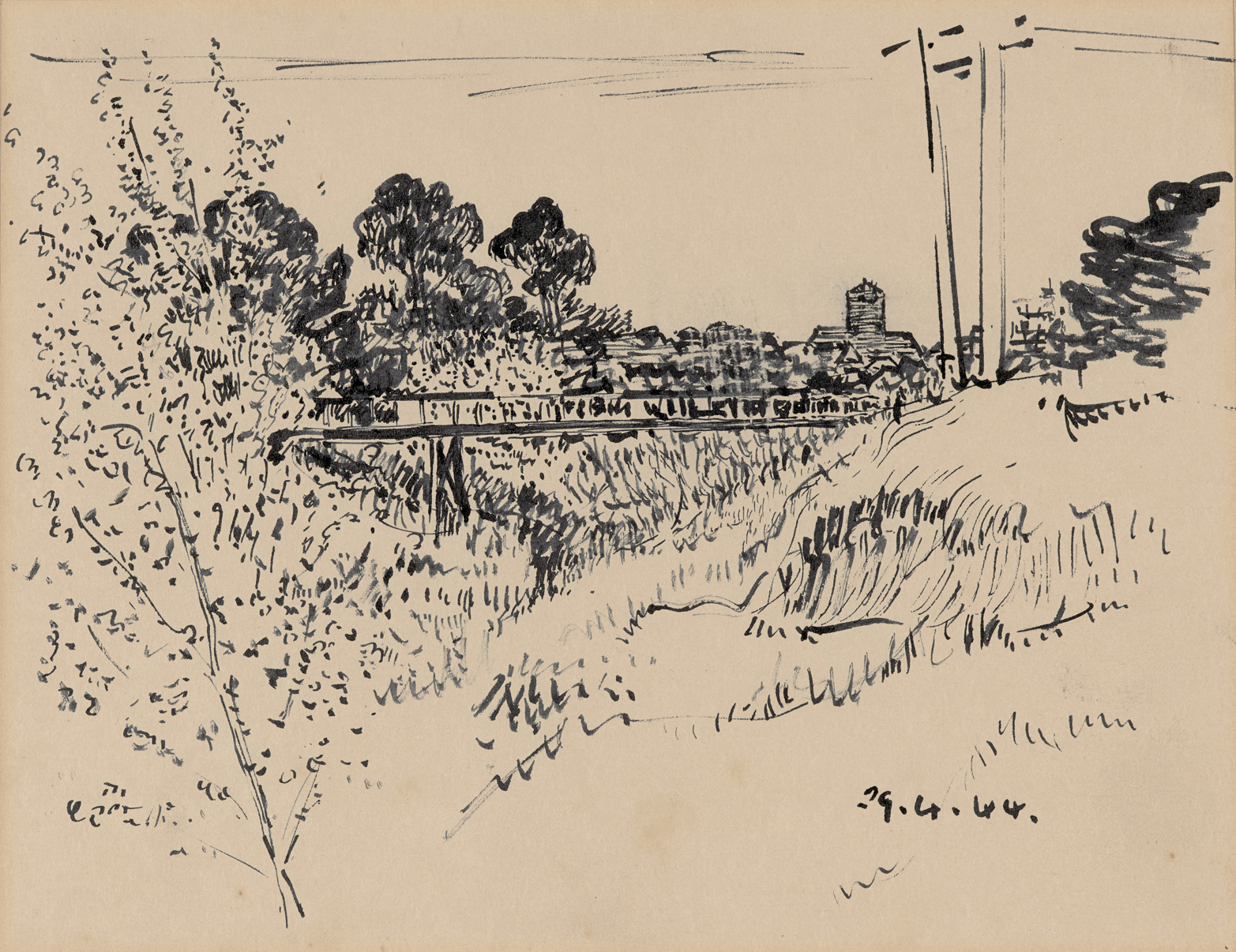 James Minogue, <em>Gardiner’s Creek, Glen Iris</em>, 1944, pen and ink on paper, 30.5 x 24 cm, Town Hall Gallery collection.