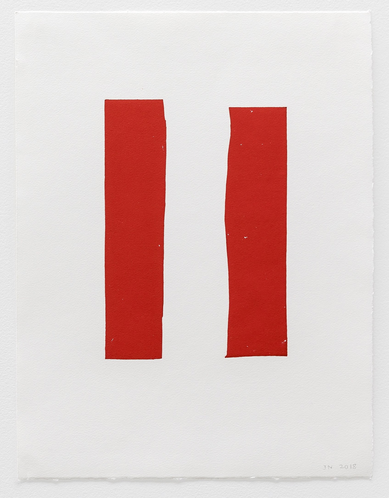 John Nixon (printer, Trent Walter), <em>Untitled (Set F)</em> (detail), 2018, relief print, printed in red ink, from two rubber blocks, 49.0 x 38.0 cm, edition: 1/1. Published by Negative Press. Photograph: Andrew Curtis.