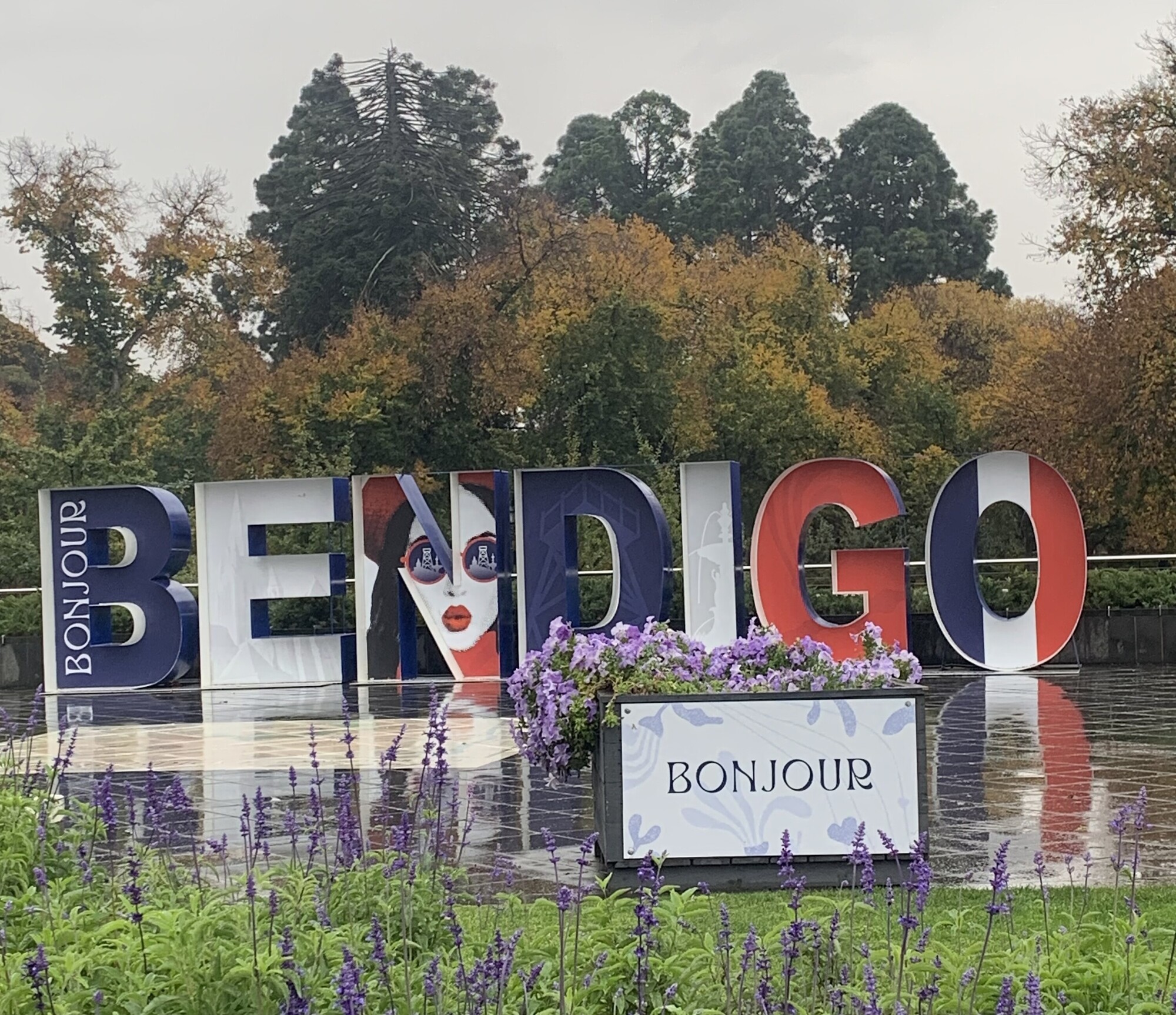 <p>Promotional signage for Bonjour Bendigo at Queens Garden, Pall Mall, Bendigo, May 2024.</p>