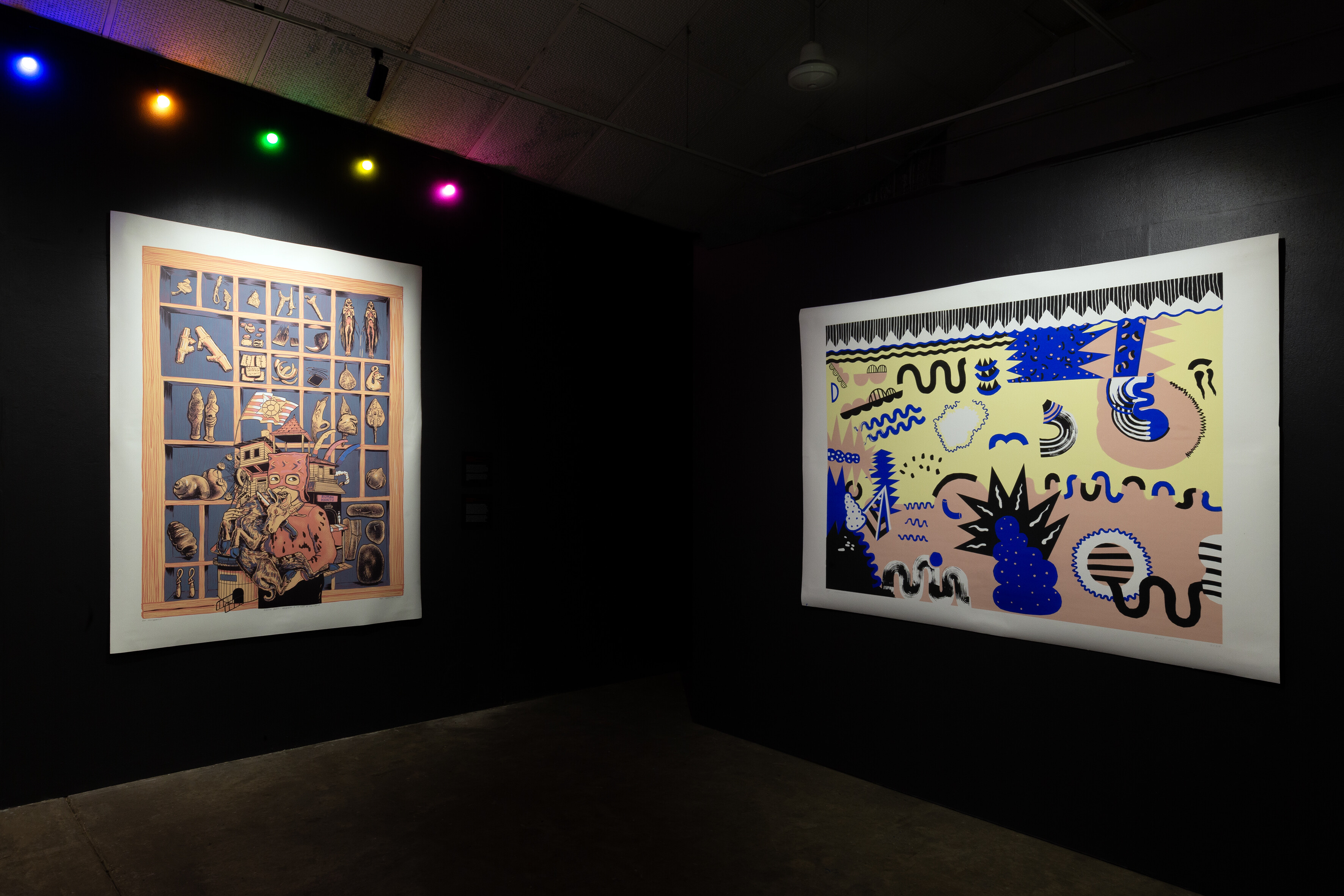 <p>Installation view of <em>Pasar Malam | Night Market</em> at NCCA: (left) Rudi Hermawan, <em>Mystical object; Whispering in the midst of the crowd</em>, 2025; (right) Amina McConvell, <em>Good Fortune</em>, 2024. Photo: Nicholas Gouldhurst.</p>