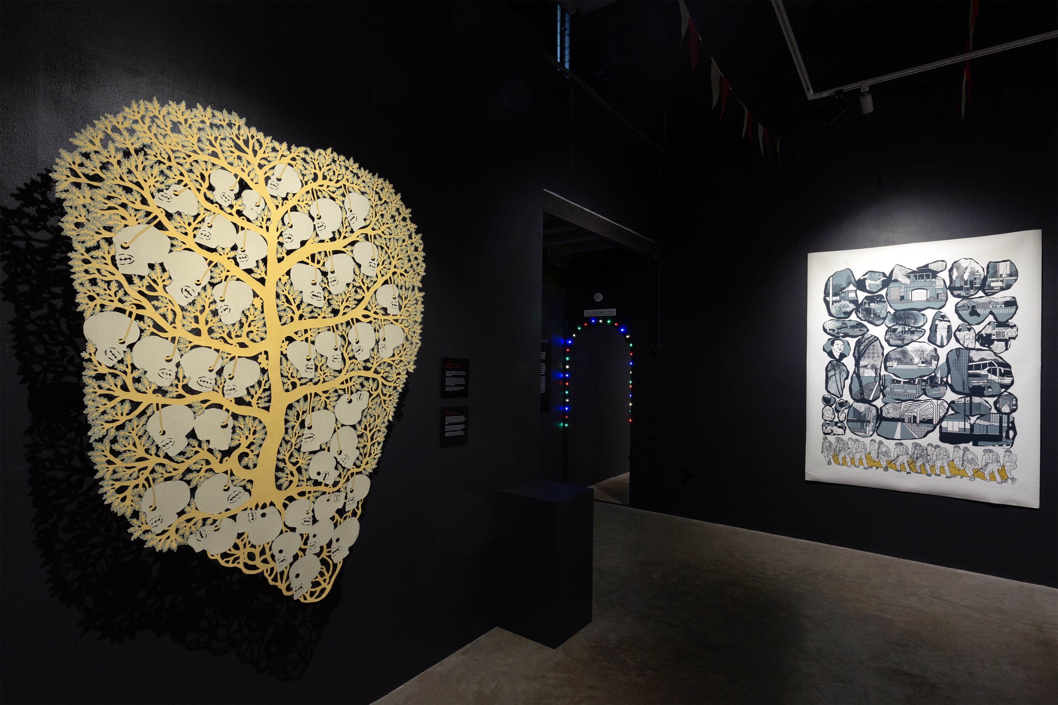 <p>Installation view of <em>Pasar Malam | Night Market</em> at NCCA: (left) Jumaadi, <em>Prajurit Jaga Malam</em>, 2024); (right) Alfin Agnuba, <em>Menggali-gali</em>, 2024. Photo: Nicholas Gouldhurst.</p>