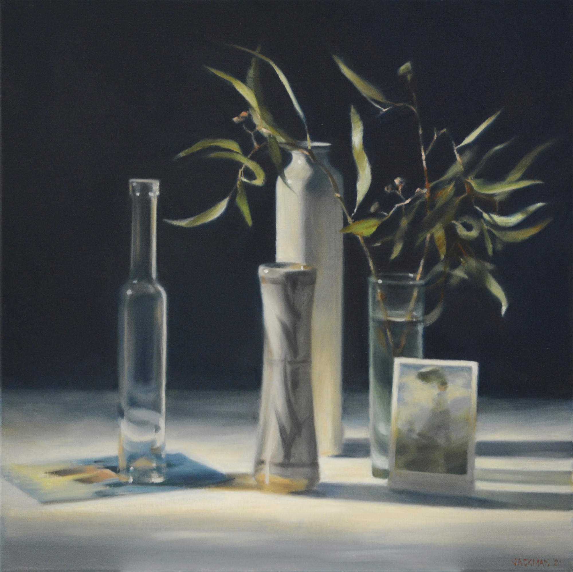 Hilary Jackman, <em>Tall Vessels and Cards</em>, 2021, oil on linen, 61.5 x 61.5cm. Courtesy the artist and Stockroom. Photo: Magali Gentric.