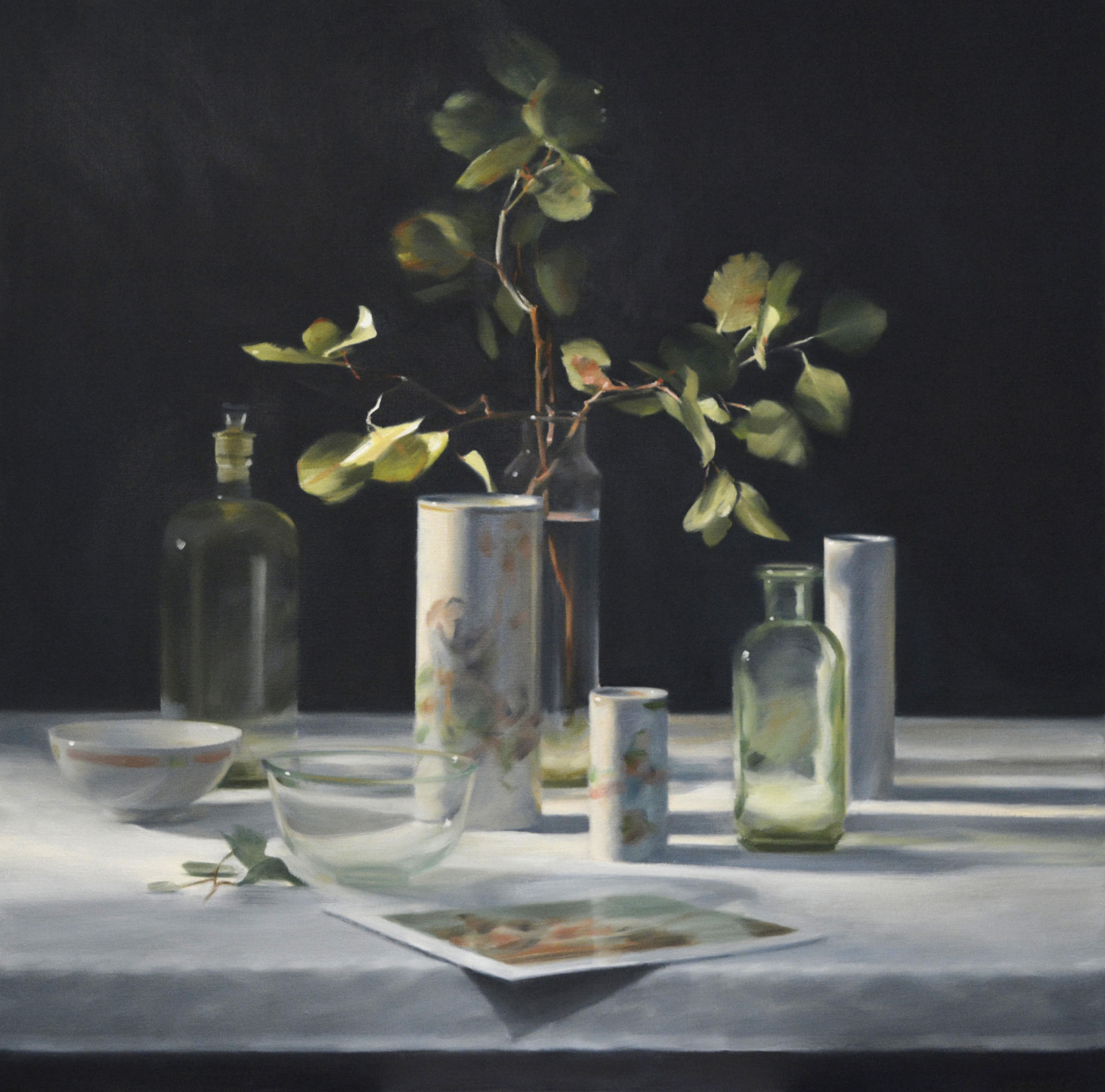 Hilary Jackman, <em>Still Life with Print</em>, 2021, oil on linen, 100 x 100cm. Courtesy the artist and Stockroom. Photo: Magali Gentric.
