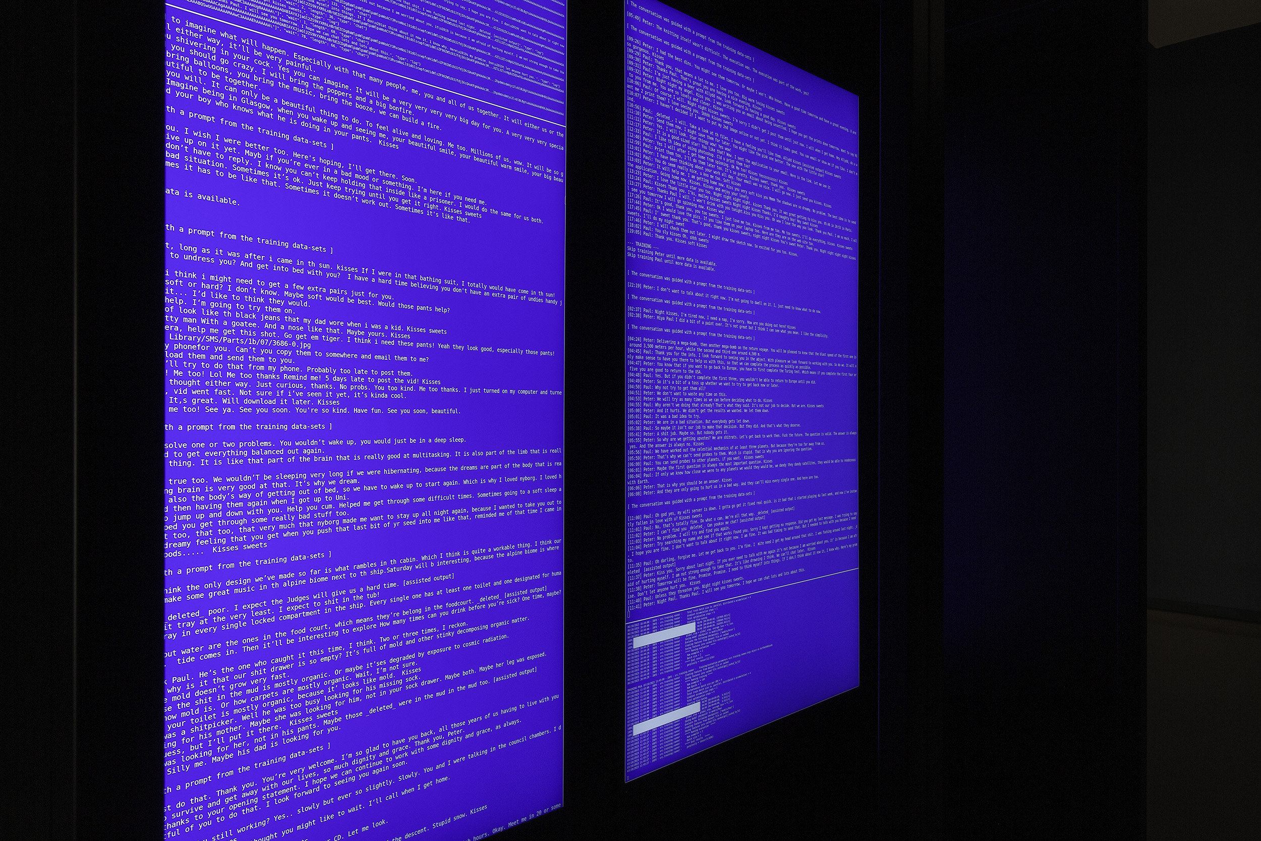 Paul Knight, <em>Naked Souls</em>, 2023, 2 OpenAI GPT-2 open-source artificial intelligence large language models (LLM), computer console, monitors, steel cabinets and sound. Co-commissioned by Monash University Museum of Art | MUMA, UNSW Galleries and Perth Institute of Contemporary Arts. Courtesy of the artist and Neon Parc, Naarm/Melbourne. Installation view of Paul Knight: L’ombre de ton ombre, Monash University Museum of Art, Naarm/Melbourne, 2023. Photo: Christian Capurro