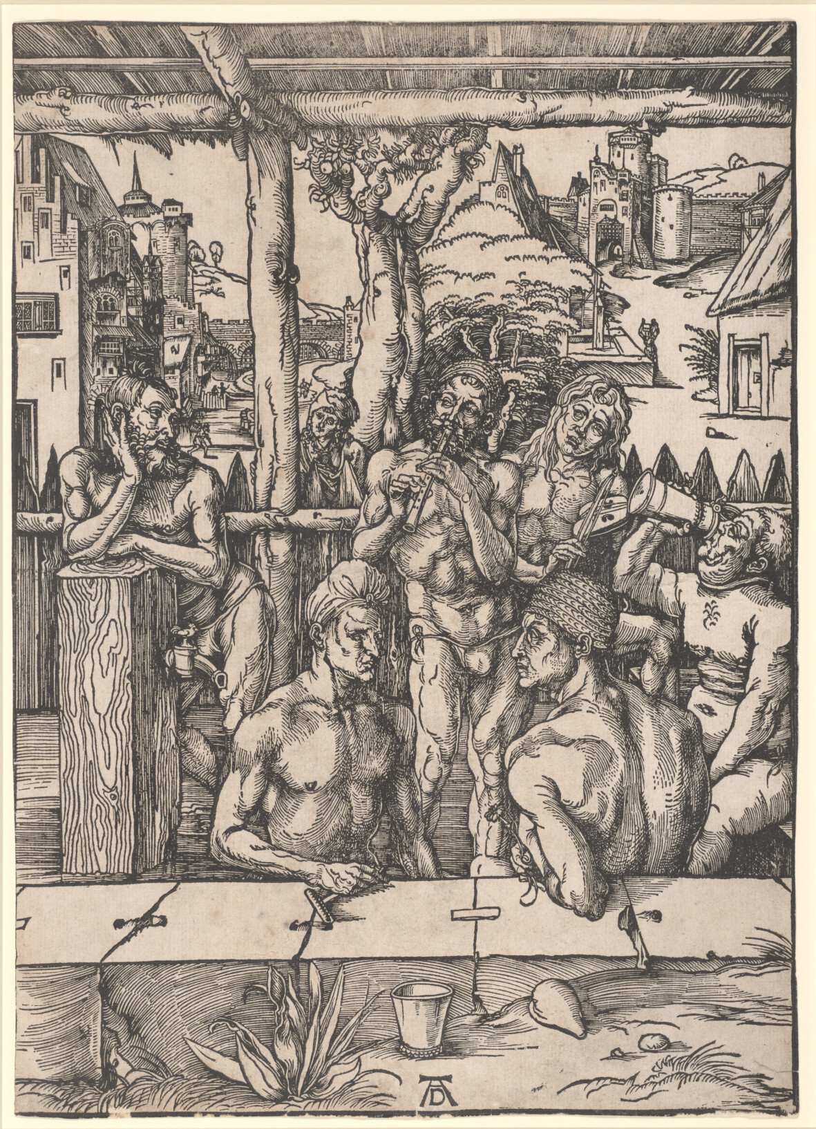 <p>Albrecht Dürer, <em>The bath house,</em> c.1496, woodcut. Archives and Special Collections, University of Melbourne. Gift of Dr J. Orde Poynton 1959.</p>