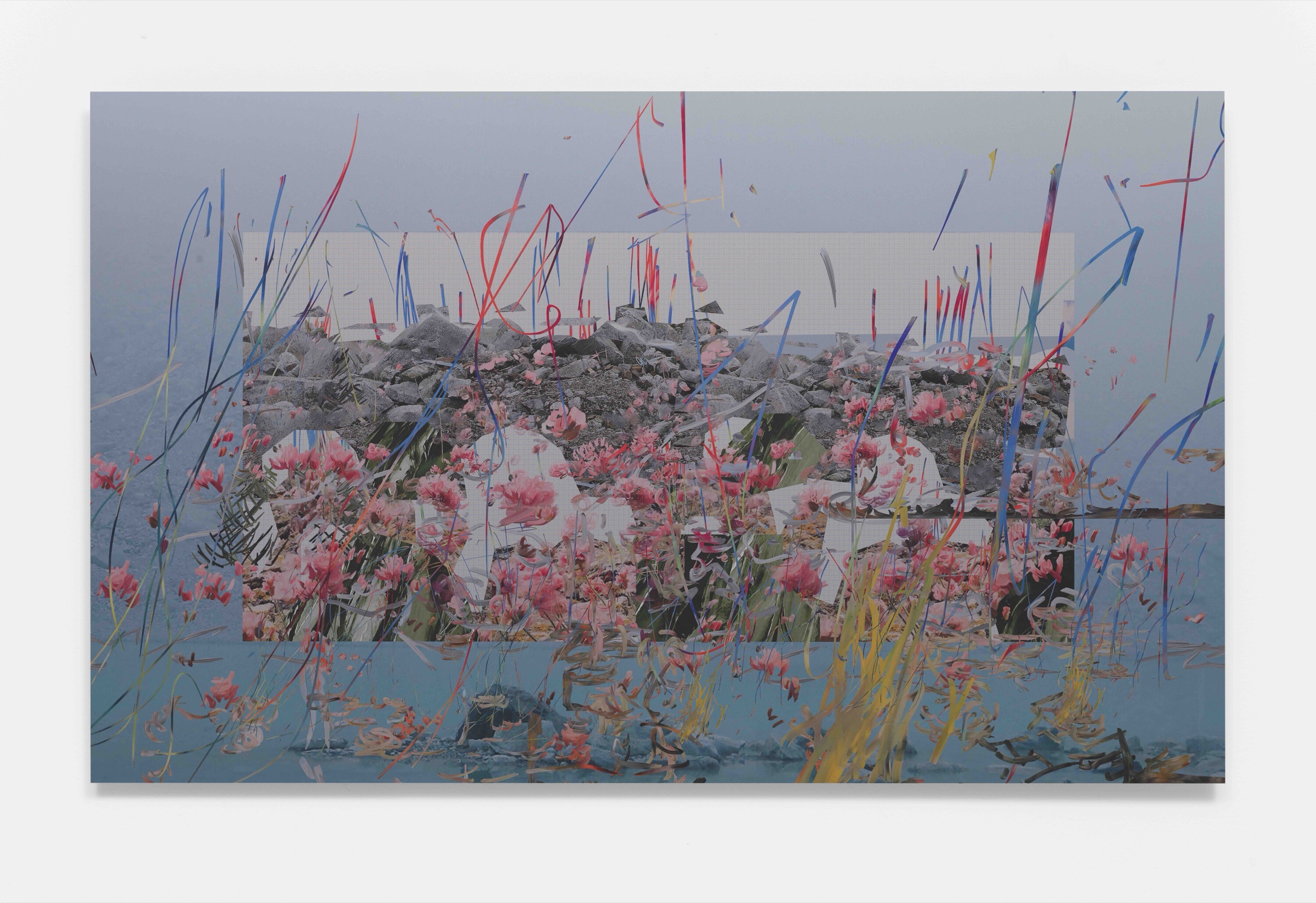 Petra Cortright, <em>economic analysis of crime_editoria elettronica/educational software</em>, 2021, digital painting on anodised aluminium, 74.30 x 121.92cm.