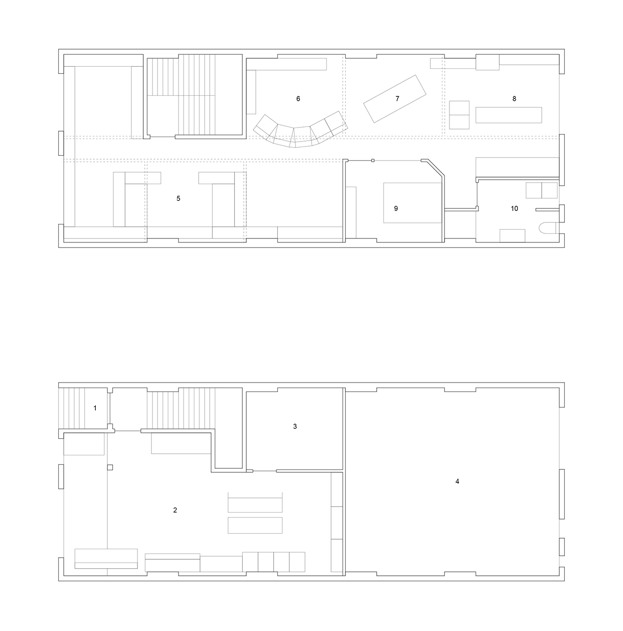 <p>Upper level (top) plan with the existing partition walls shown with dotted lines and lower level (bottom) plan showing the entrance (1), large room (2), recording studio (3), art studio (4), desk area (5), “living” area (6), dining table (7), kitchen (8), bedroom (9), and bathroom (10). Indicative drawing by the authors.</p>