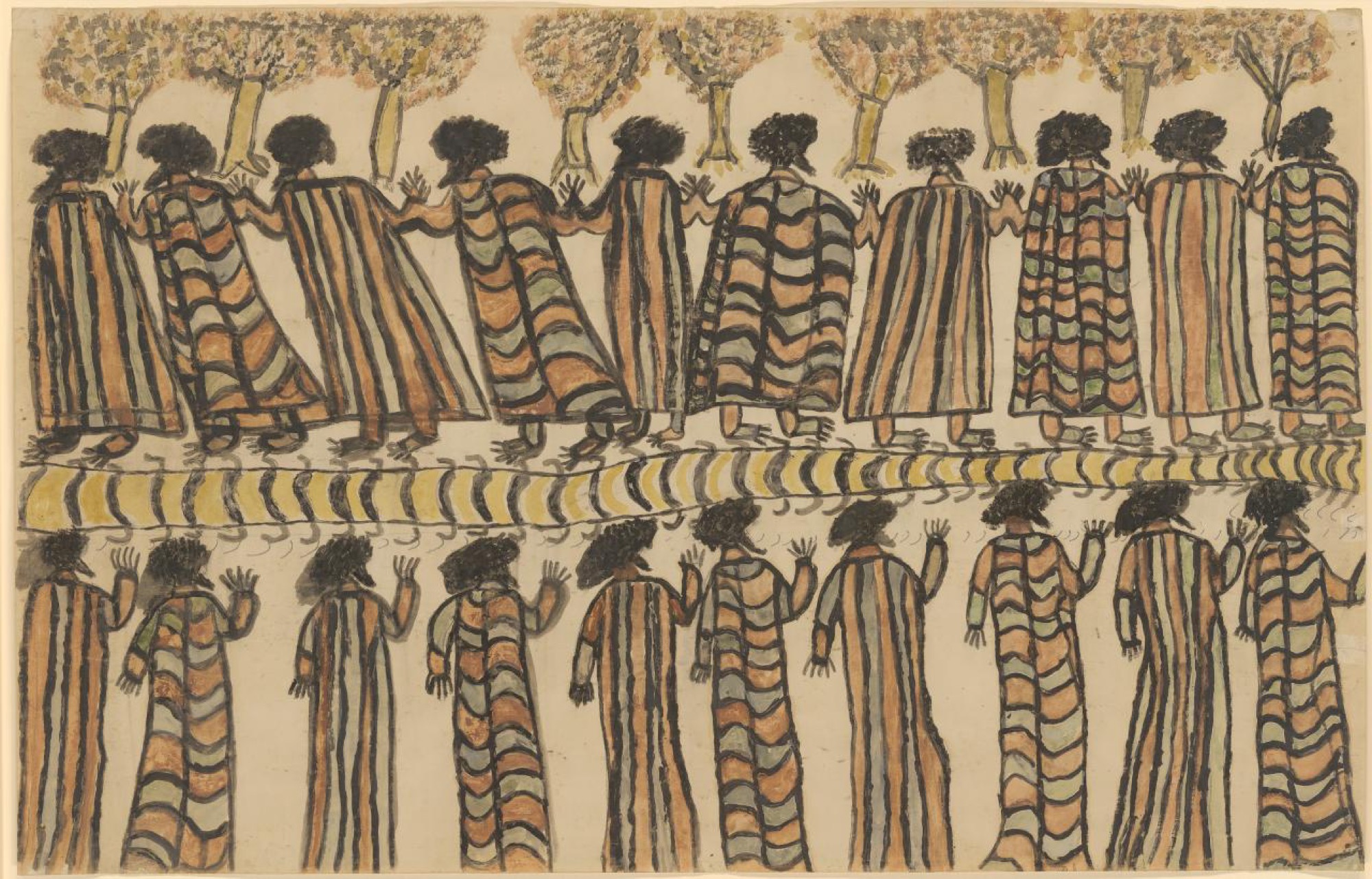 William Barak, <em>Figures in possum skin cloaks</em>, 1898, pencil, wash, charcoal solution, gouache and earth pigments on paper, 57.0 × 88.8 cm (image and sheet). Collection: National Gallery of Victoria, Melbourne.