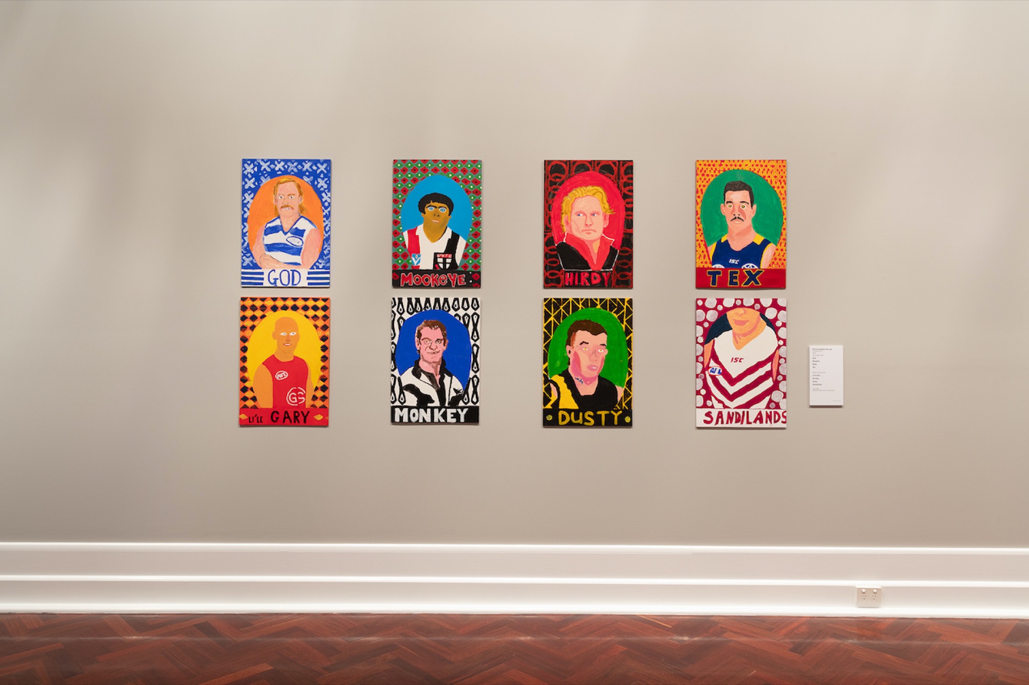 Pitcha Makin Fellas, installation view of <em>Join the Club</em>, 2015-20. Synthetic polymer paint on foam board. © Pitcha Makin Fellas. Photograph: Ben Cox.