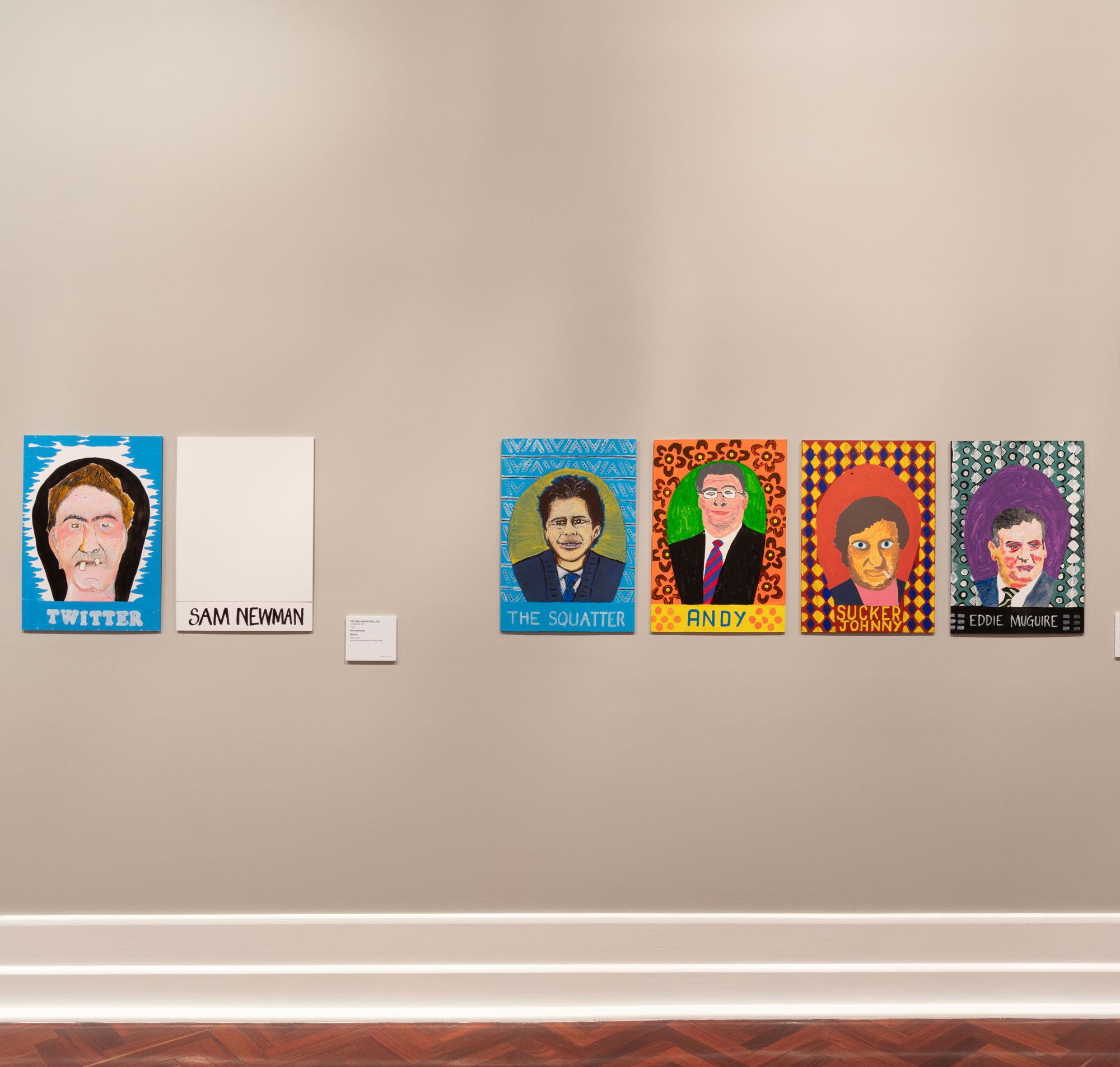 Pitcha Makin Fellas, installation view of <em>Join the Club</em>, 2015-20. Synthetic polymer paint on foam board. © Pitcha Makin Fellas. Photograph: Ben Cox.