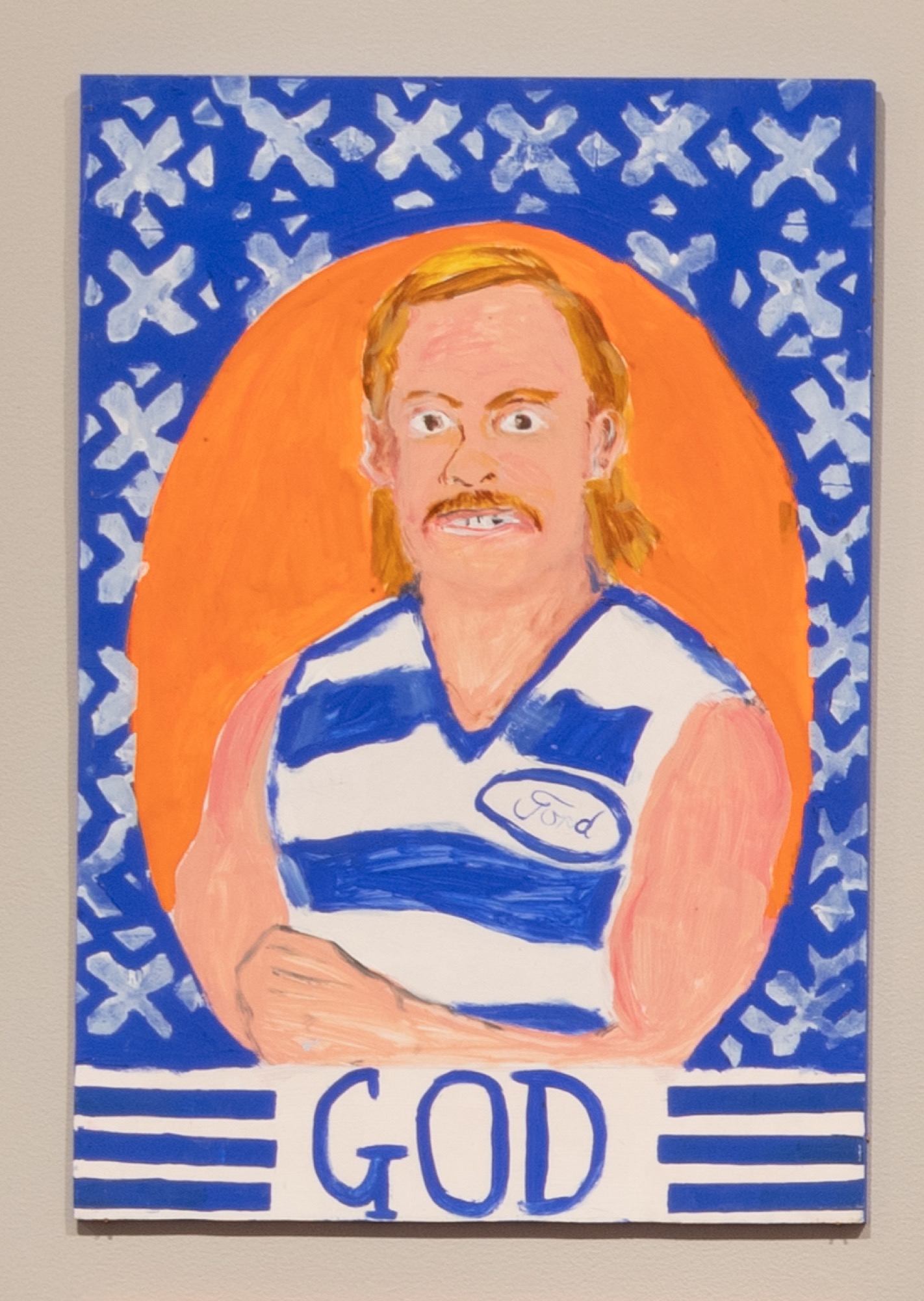 Pitcha Makin Fellas, <em>God</em> from <em>The Ugly Face of the AFL</em> series, 2015-20. Synthetic polymer paint on foam board. © Pitcha Makin Fellas. Photograph: Ben Cox.