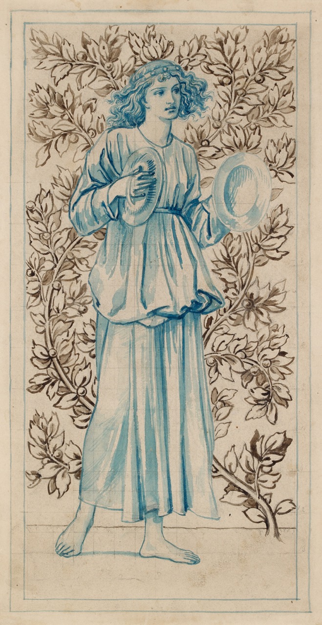 William Morris, <em>Minstrel Angel playing cymbals</em>, c. 1867, pen with blue and brown ink and watercolour on discoloured pale buff paper. Ashmolean Museum. Bequeathed by John N. Bryson, 1977