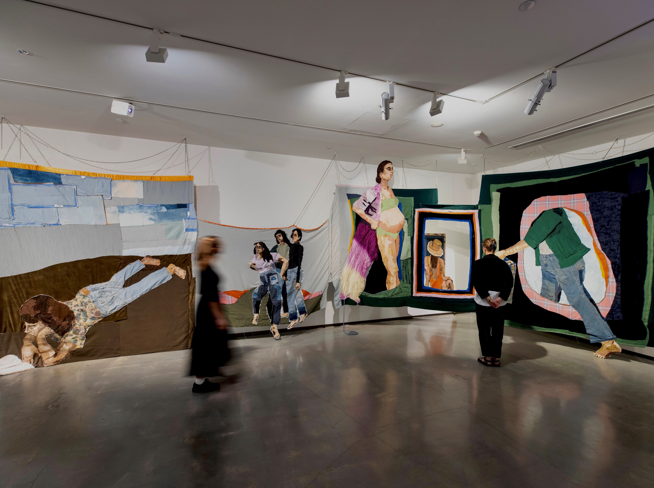 Julia Gutman, <em>Isn’t it all just a long conversation?</em>, 2022, installation view, Primavera 2022: Young Australian Artists, Museum of Contemporary Art Australia, Sydney, 2022, donated textiles, embroidery, chains, image courtesy the artist and Museum of Contemporary Art Australia, © the artist, photograph: Anna Kučera