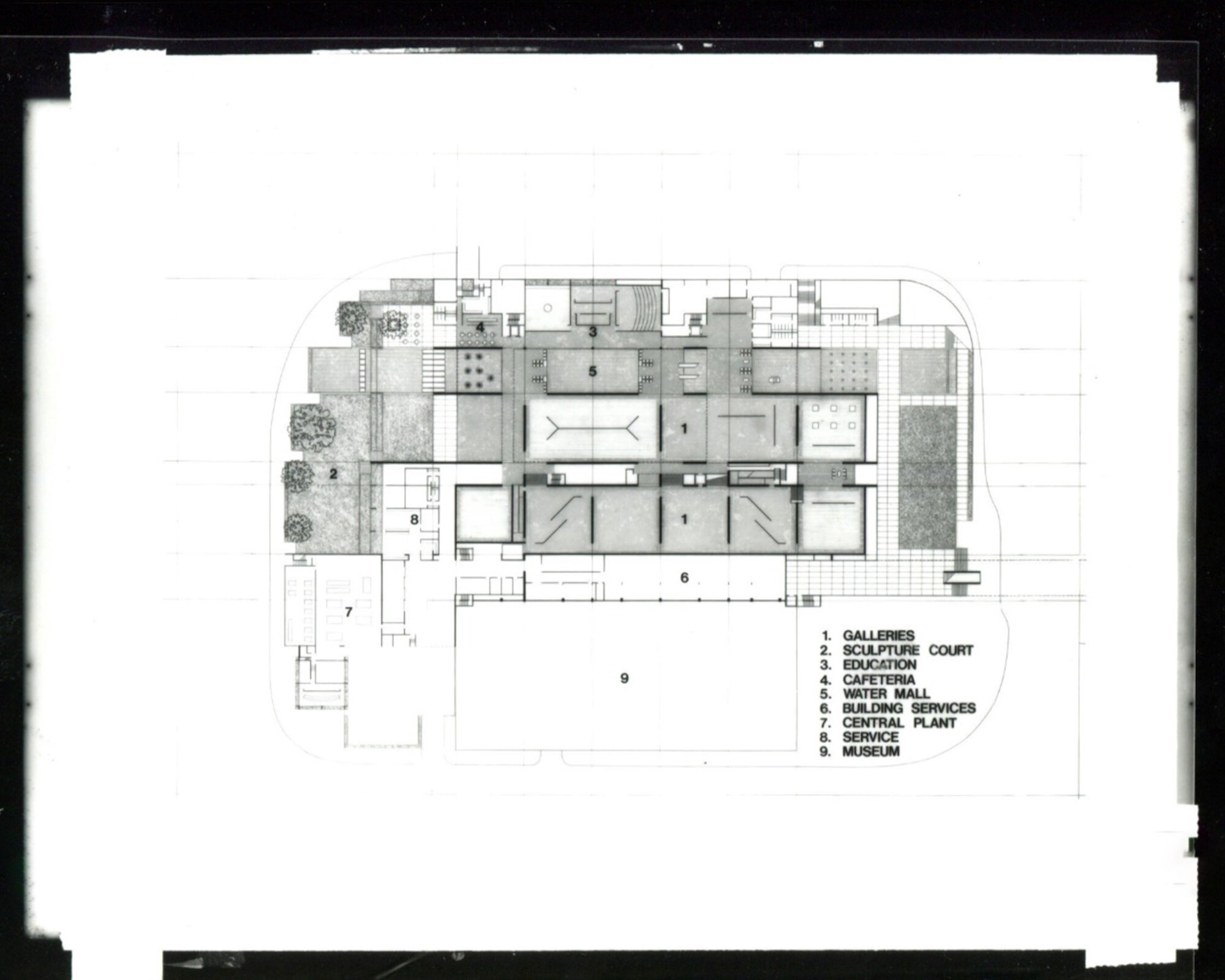 <p>Each building is defined by a 3m x 3m grid; in the art gallery, this divides the interior into a series of corridor-less rooms. The plan rigidly organises space, but does not define how one circulates within it. Drawing from Robin Gibson Architectural Drawings and Records, UQFL638, Fryer Library, The University of Queensland, Architectural Drawings, Art Gallery, Tube A1. Courtesy of the <a href="https://espace.library.uq.edu.au/view/UQ:900796d">University of Queensland</a>.</p>
