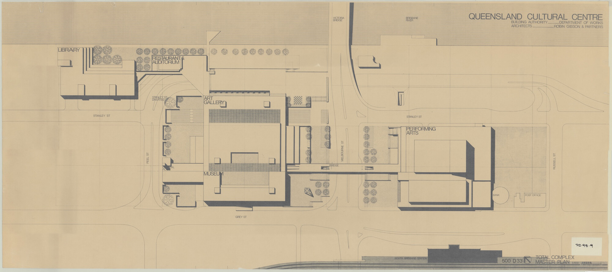 <p>Precinct plan. The Library, Restaurant, and Auditorium are on the water’s edge at the top of the plan, while the Art Gallery establishes a riverside park and is interconnected with the Museum. The Performing Arts similarly defines a forecourt to the river and links to its siblings via a pedestrian bridge over Melbourne Street. Drawing by Robin Gibson and Partners, 1973. Courtesy of <a href="https://www.archivessearch.qld.gov.au/items/ITM329001">Queensland State Archives</a>.</p>